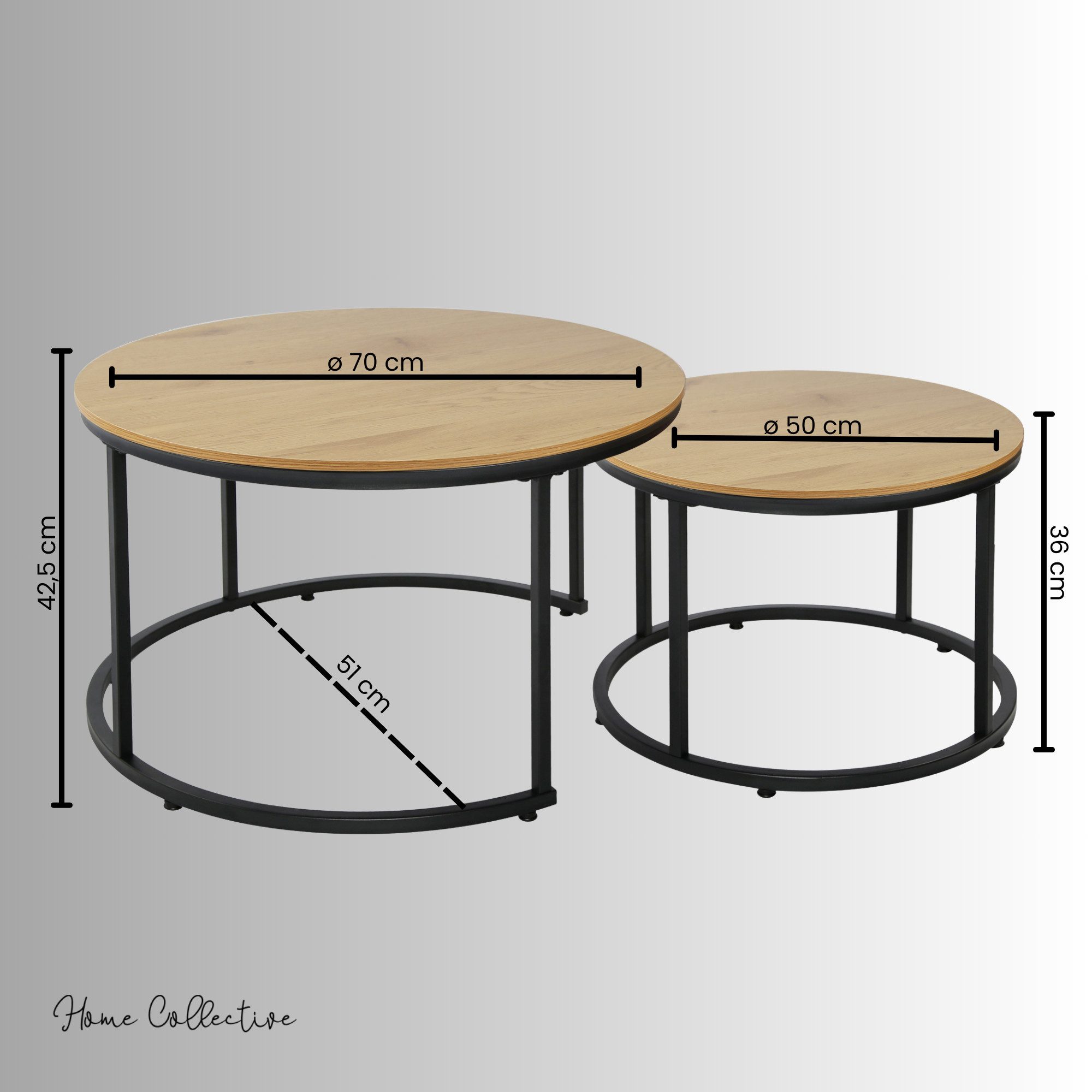 Home Collective Couchtisch 2er Set Beistelltisch Wohnzimmertisch modern rund und quadratisch (ideal als Büro Ablagetisch oder als Wohnzimmer Deko, Rund Set 2 in 1), hochwertiges Design mit Metallgestell, stabile Tischplatte, eiche hell