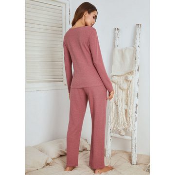 ZWY Hausanzug Damen-Homewear-Set im Waffelmuster langem, langärmeligen Schlafanzug