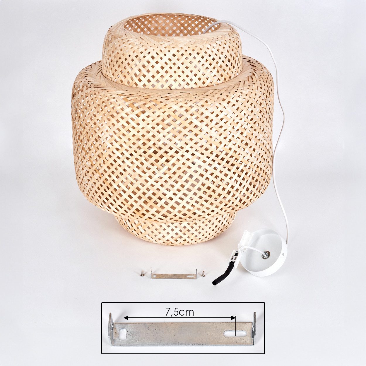 hofstein Hängeleuchte Hängelampe aus Metall/Bambus in Weiß/Natur im Boho-Design, ohne Leuchtmittel, Hängeleuchte mit Schirm in Gitter-Optik (45cm), Höhe max. 146cm, E27