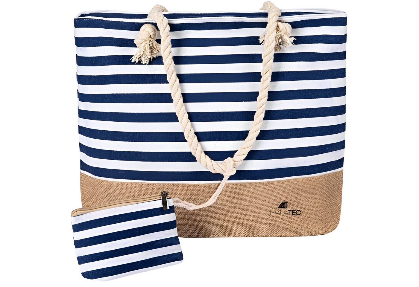 MALATEC Strandtasche Picknicktasche Marine Tasche (Spar-Set, 2-tlg., Blau, weiß, Marine), eine zusätzliche Außentasche für wertvolle Gegenstände