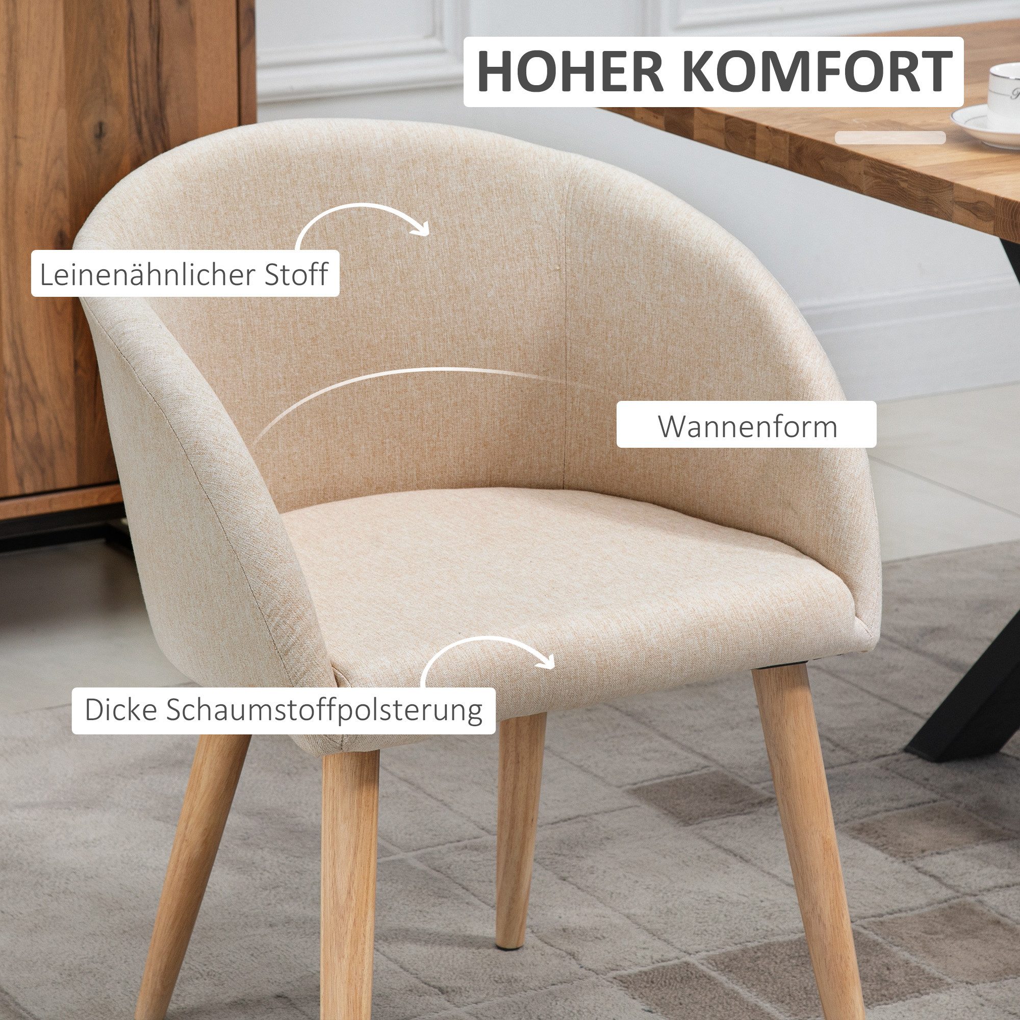 HOMCOM Esszimmerstuhl Polsterstuhl mit Armlehne, Leinen-Optik, Holzbeine, Sessel (Küchenstuhl, 2 St), für Esszimmer, Wohnzimmer, Beige – Bild 4 von 5