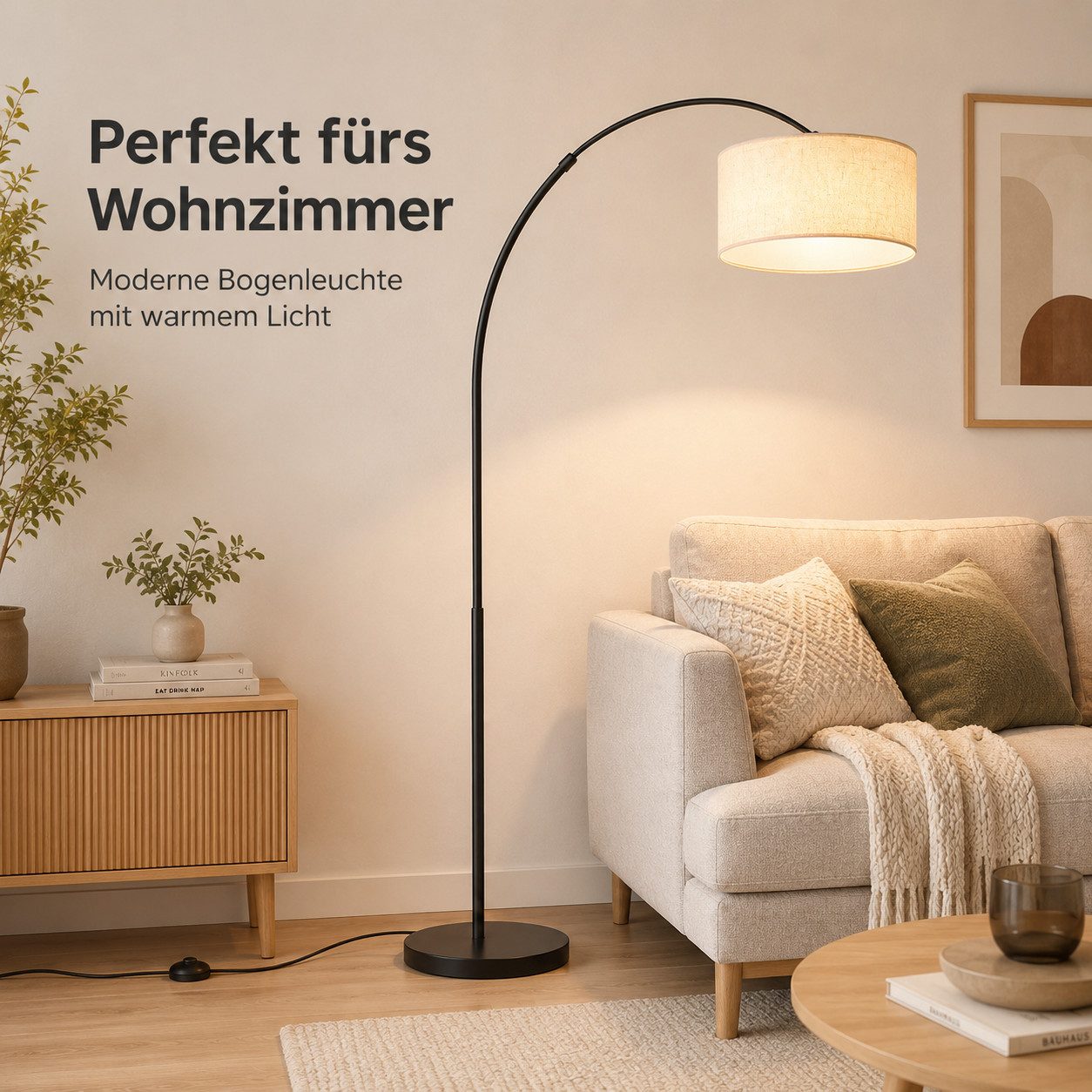 Fyrove Stehlampe Bogenleuchte,Moderne Stehlampe mit Textilschirm Stoff Ø 36cm, Bogenlampen, FuBschalter und Textilkabel, E27(Gluhbirne nicht enthalten) fur wohnzimmer Leselampe Schlafzimmer,Buro Arbeitslampe