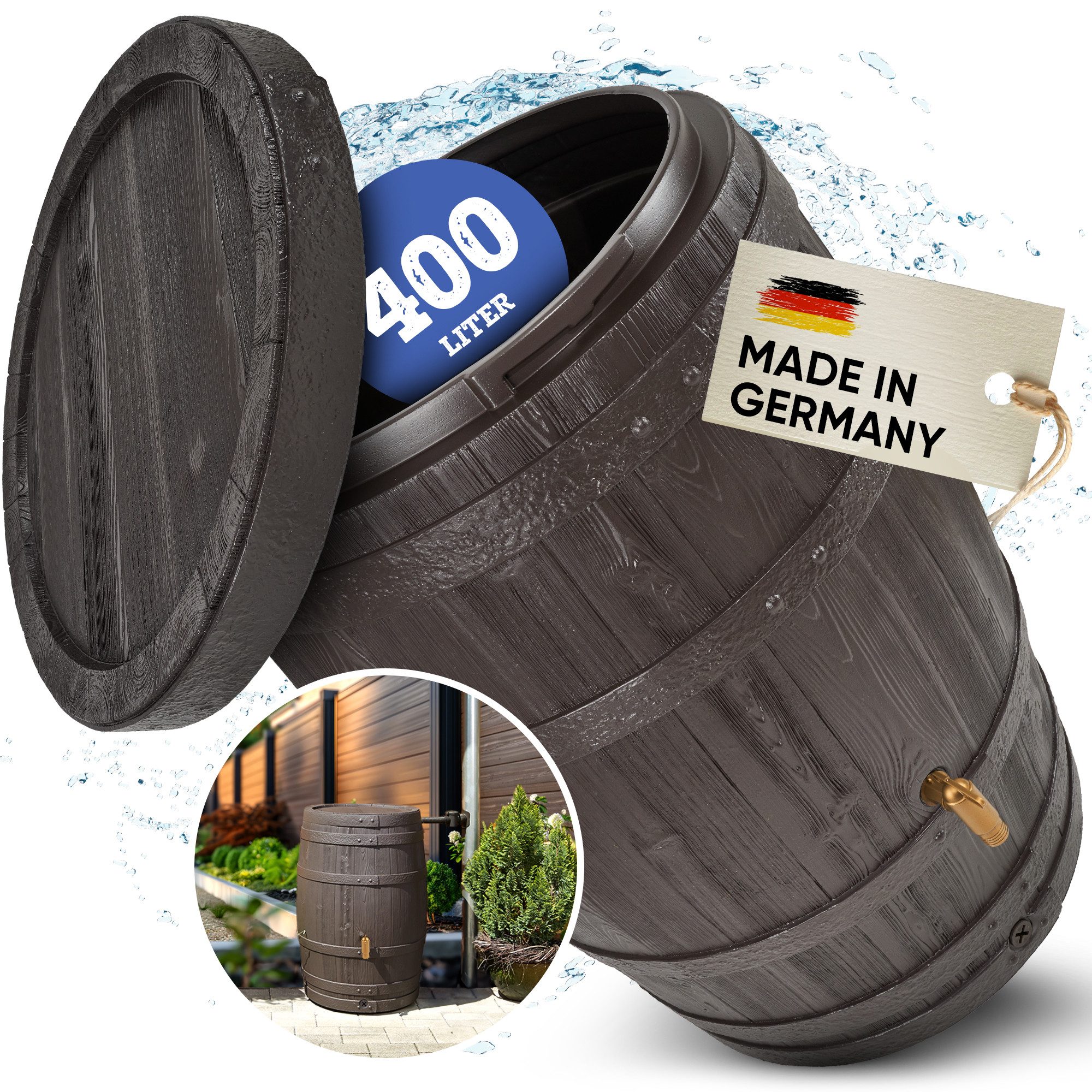 4rain Regentonne VINO Regenfass 400 Liter dunkelbraun