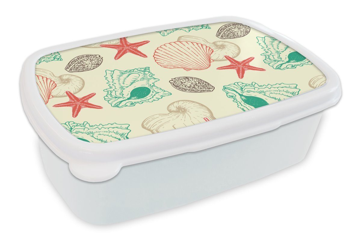 MuchoWow Lunchbox Muscheln - Seestern Kunststoff, Jungs - und für (2-tlg), - Vintage - Brotbox Erwachsene, Brotdose, Mädchen und für weiß Kinder Strand Muster