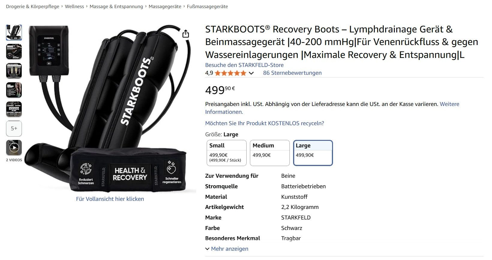 STARKFELD Lymphdrainage-Gerät STARKBOOTS® Lymphdrainage Gerät – Recovery Boots & Bein Massagegerät, 8 Drucksensoren, Bein Massagegerät mit kabellosem Smart Monitor mit 2 Stunden Laufzeit, Venenrückfluss & gegen Wassereinlagerungen