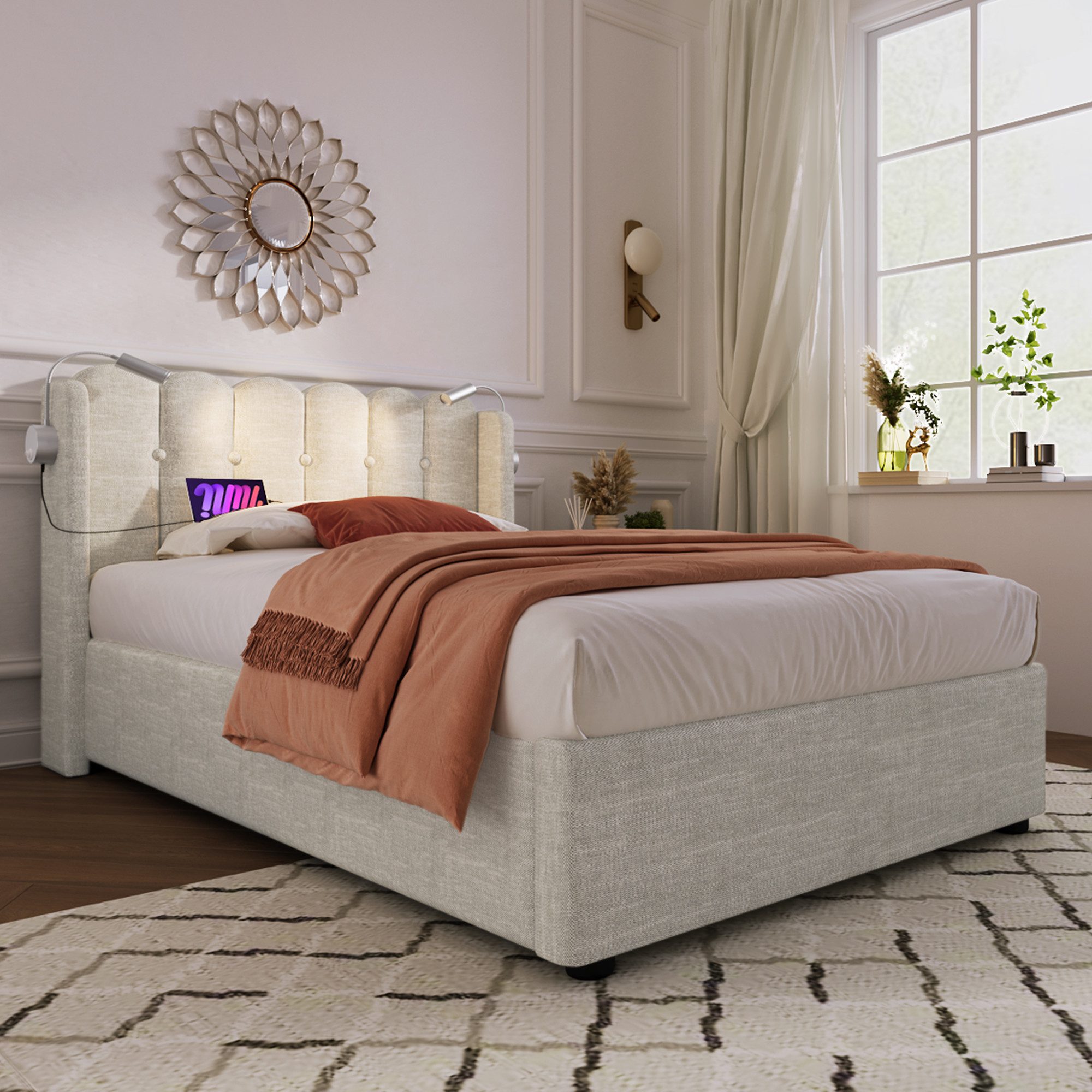 Flieks Polsterbett, Hydraulisches Stauraumbett mit Leselicht und Ladefunkti günstig online kaufen