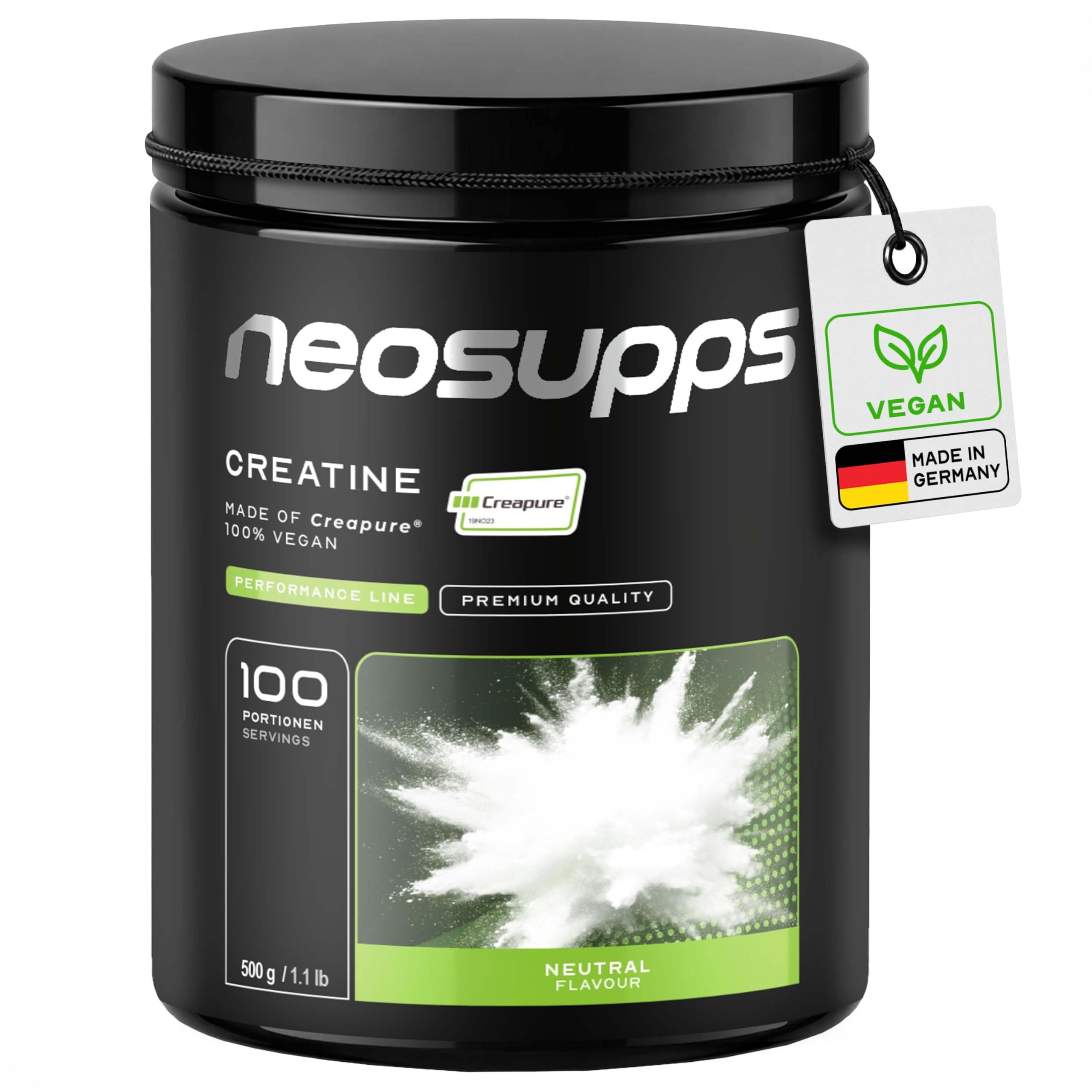 Neosupps Creatine Made of Creapure® 500g, 100 % reines Kreatin, Made in Germany Pulver, 500 g, Ideal für Schnellkrafttraining & körperliche Leistung im Sport, Vegan