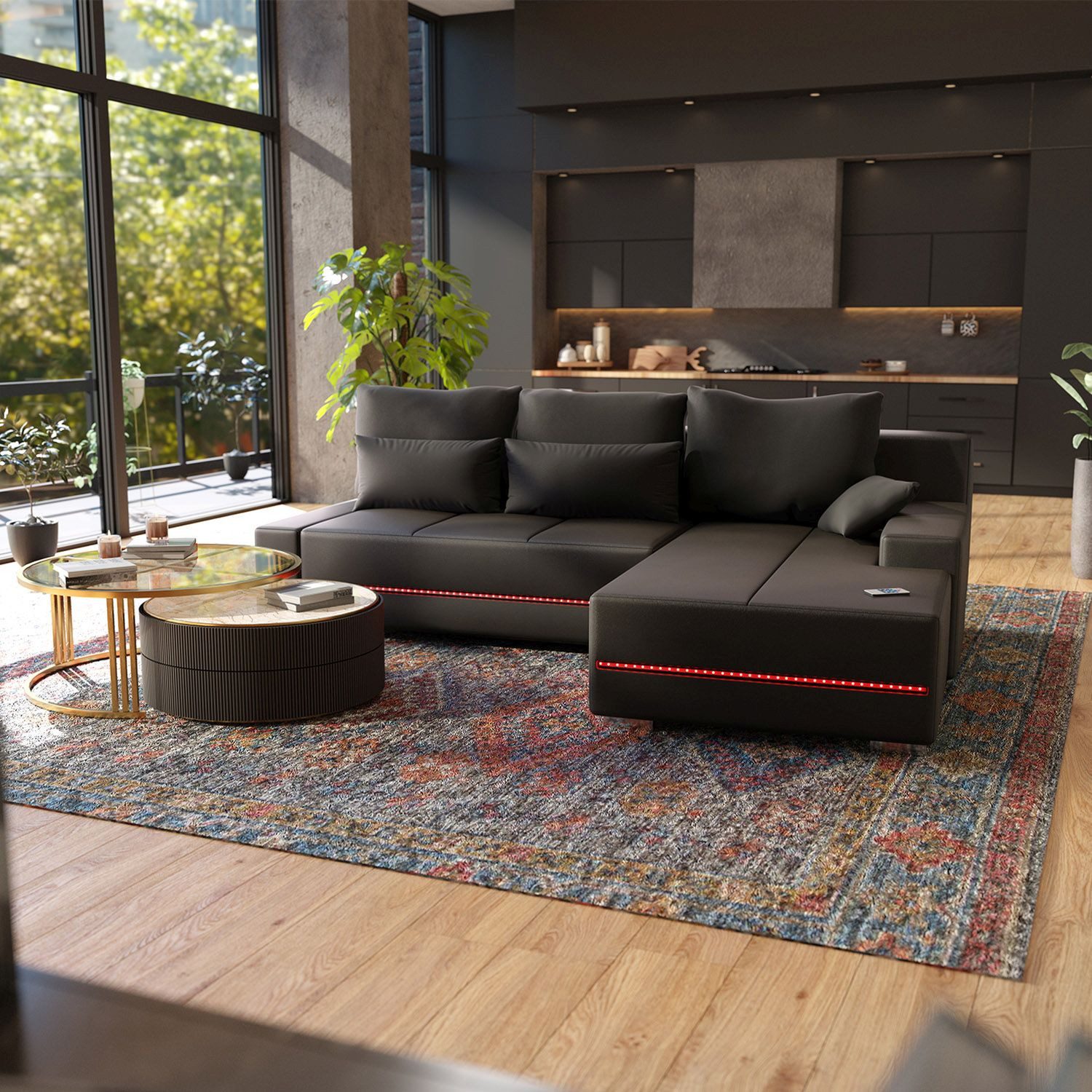 Juskys Wohnlandschaft Davos, individuelle Beleuchtung, gemütlicher Bezug, w günstig online kaufen