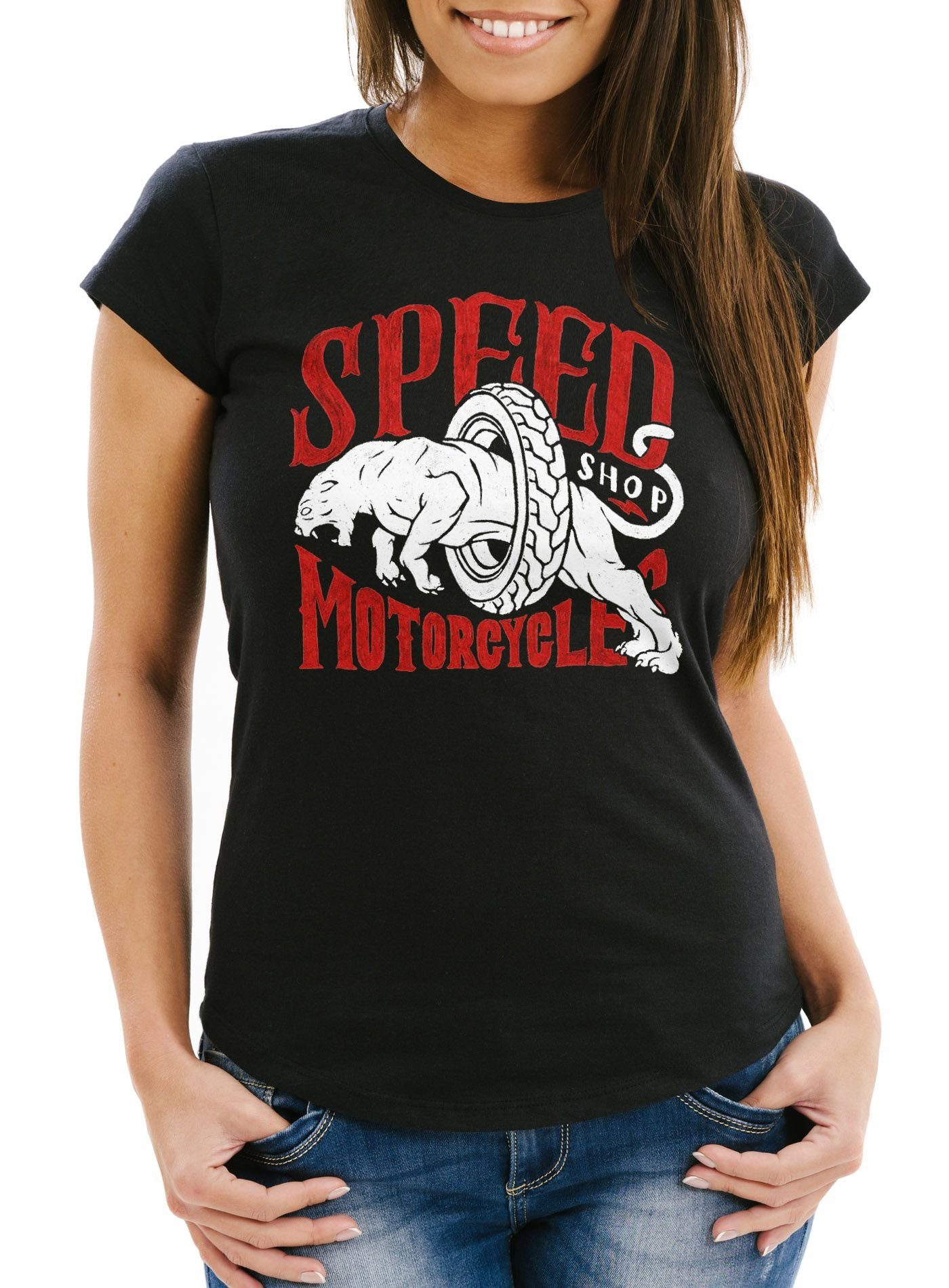 Fit T-Shirt Motorrad Neverless Print Biker Slim mit Damen Neverless® Retro schwarz Print-Shirt Vintage