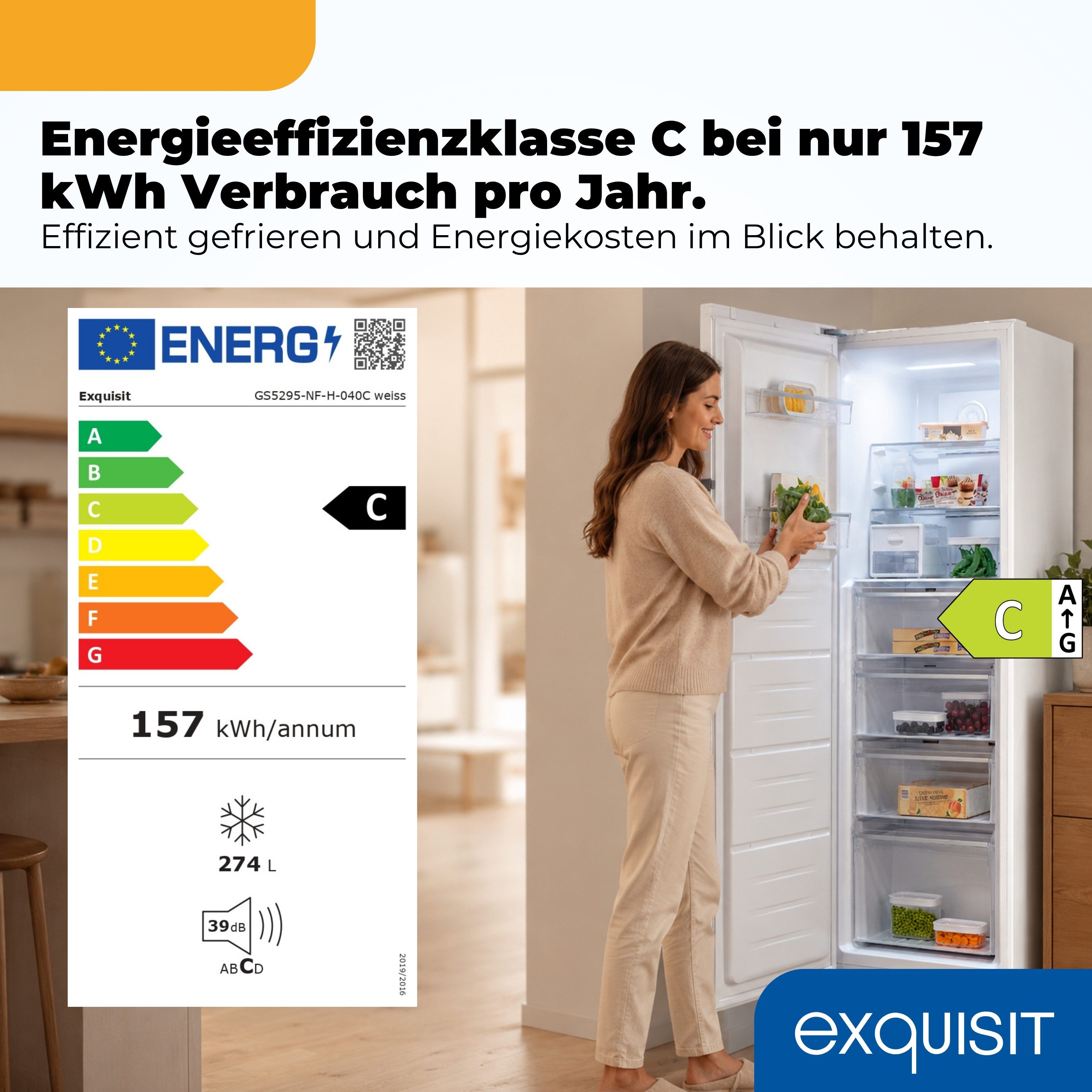 exquisit Gefrierschrank GS5295-NF-H-040C, 185 cm hoch, 60 cm breit, 274 l Nutzinhalt, 17,0 kg, 3 Gefrierschubladen, Energieklasse C