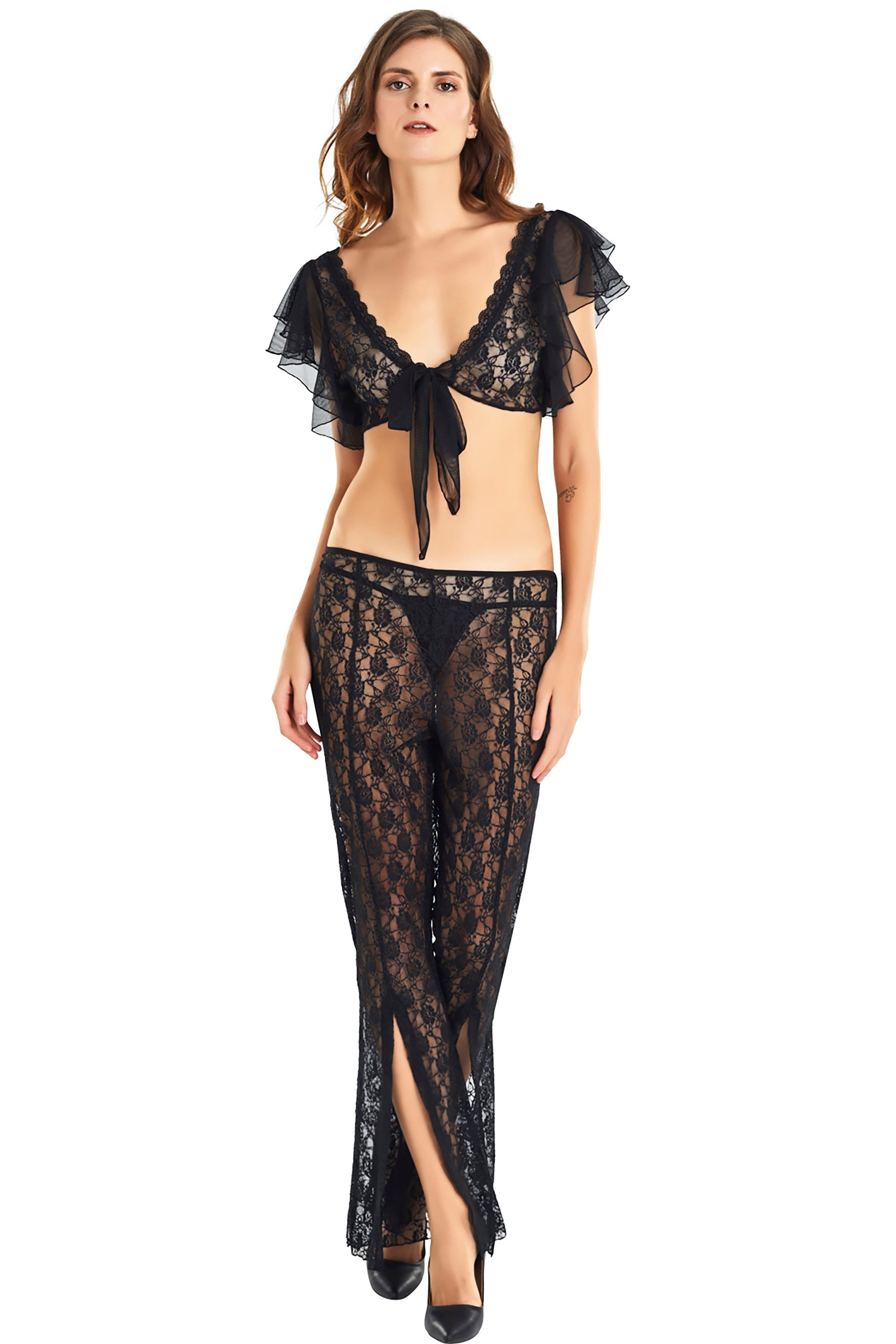 Schlafanzug Sexy 3-teiliges Damen Dessous Set – Spitze Top, Hose & Tanga günstig online kaufen