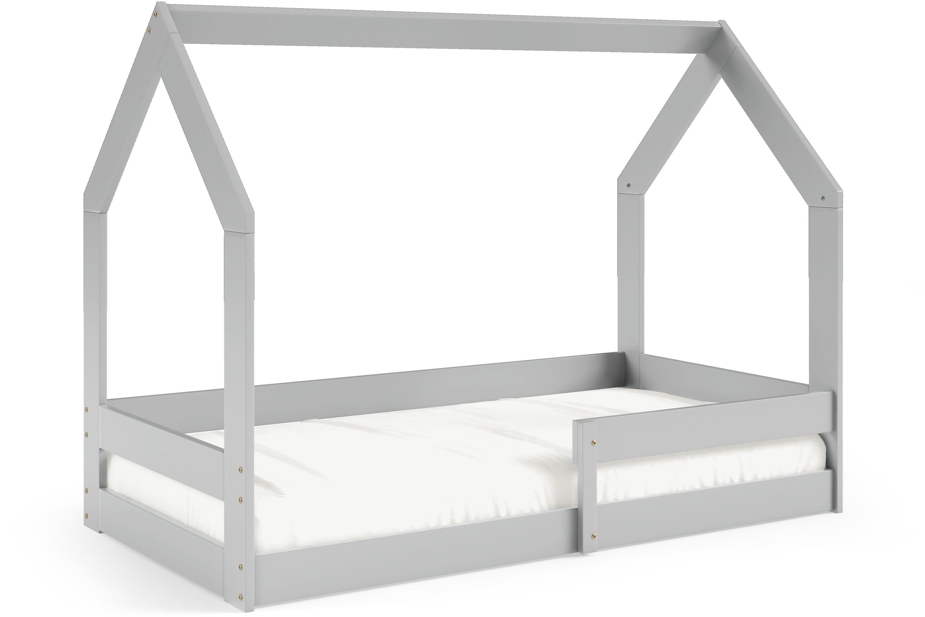 KONSIMO® Kinderbett LUMBE Bodenbett, Bett mit Rausfallschutz, Jugendbett (inklusive Matratze), hergestellt in der EU, Hausform, aus massivem Kiefernholz