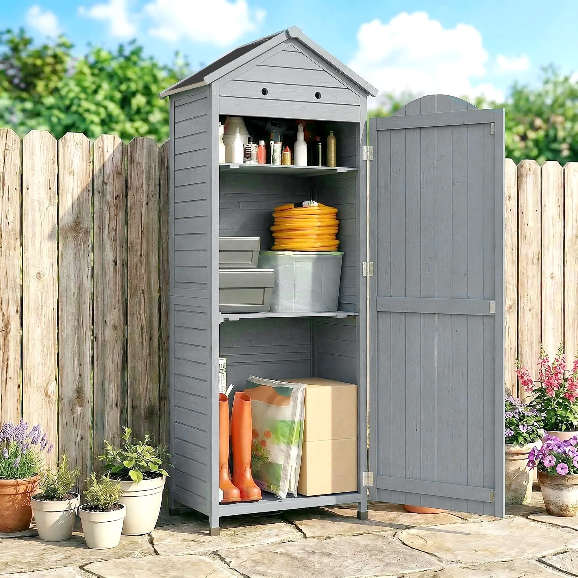Outsunny Gerätehaus Gartenschrank Geräteschuppen mit verstellbar Ablage magnetisch Tür, BxT: 85x58 cm, (Gartenschrank, 1 St., Geräteschuppen), für Garten Terrasse Grau