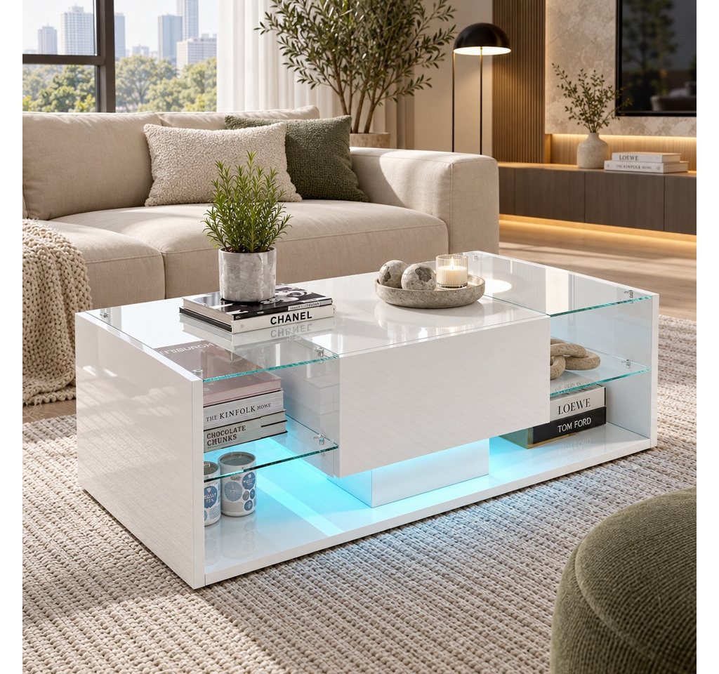 Furnishings Home Couchtisch Schreibtisch Beistelltisch LED (Hochglänzender quadratischer, 100 x 50 x 35 cm), Mit Vier Fächer und …