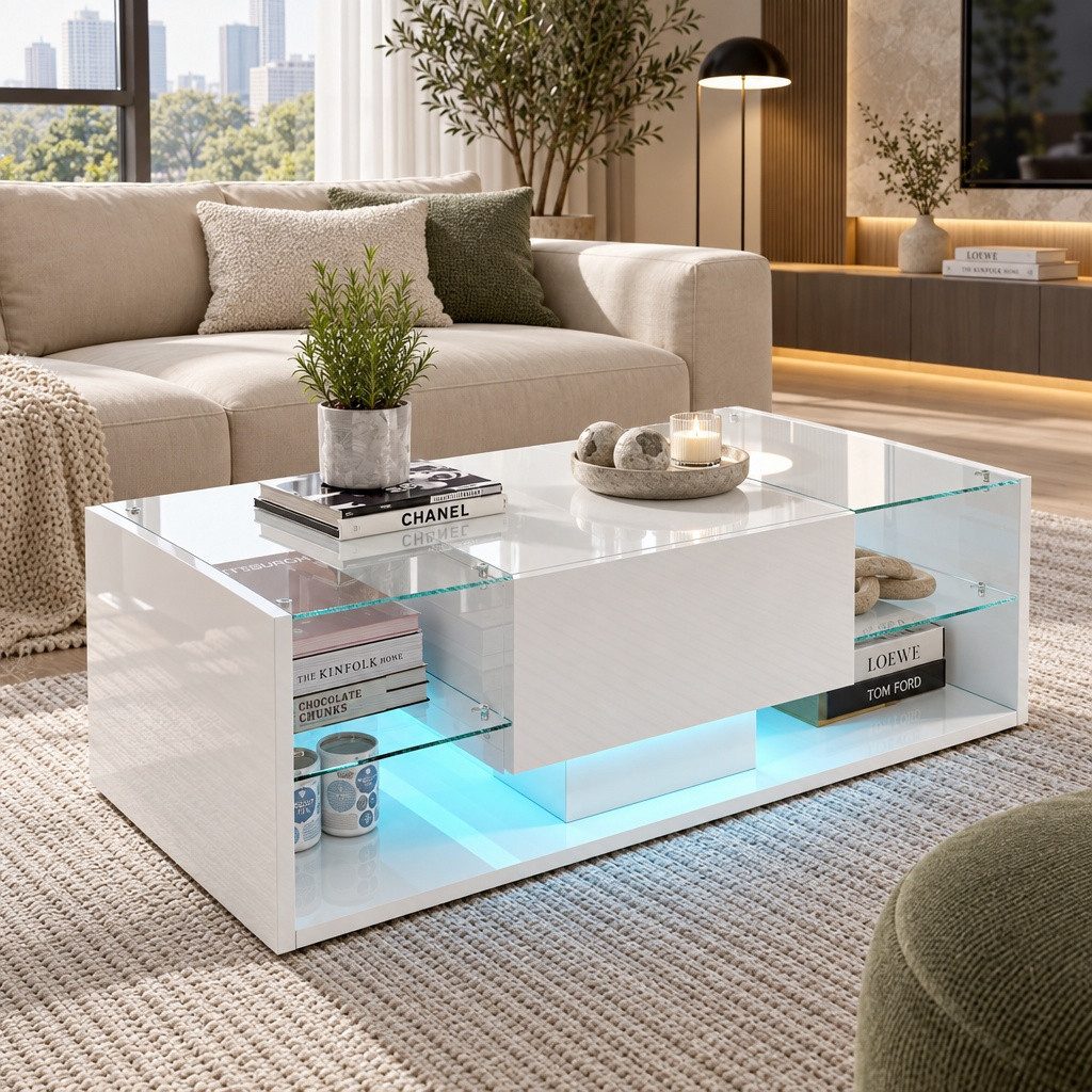 Furnishings Home Couchtisch Schreibtisch Beistelltisch LED (Hochglänzender quadratischer, 100 x 50 x 35 cm), Mit Vier Fächer und 16-farbigen variablen LED-Beleuchtung