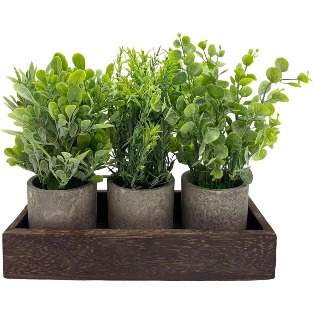 Kunstpflanze 3-teiliges Künstlicher Eukalyptus und Rosmarin Set mit Holztablett, GarveeMore