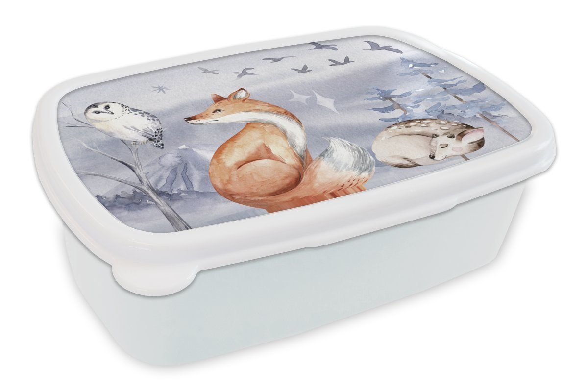 MuchoWow Lunchbox Winter - Eule - Hirsch - Fuchs, Kunststoff, (2-tlg), Brotbox für Kinder und Erwachsene, Brotdose, für Jungs und Mädchen weiß