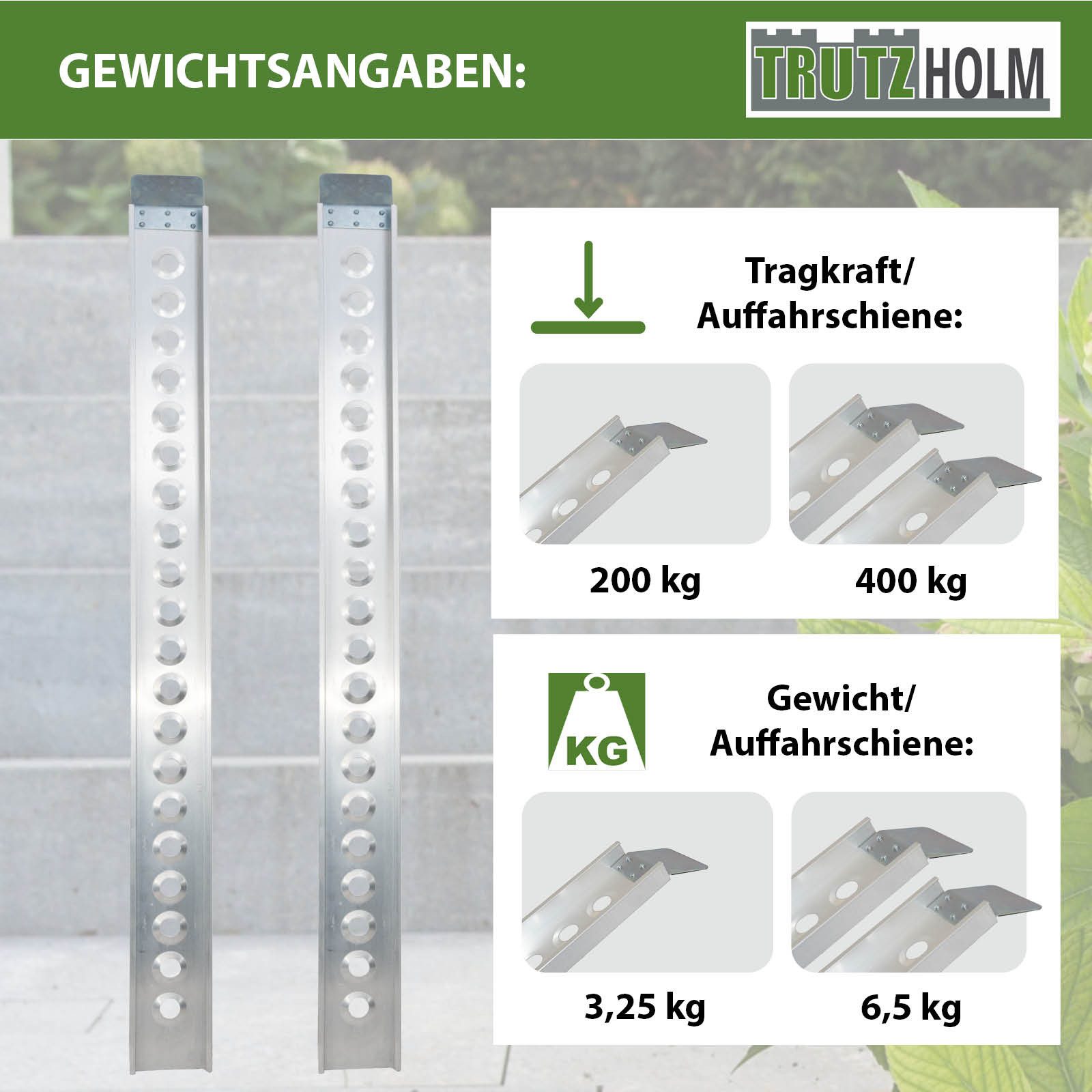 TRUTZHOLM Auffahrrampe 194cm Traglast 200kg Alu grau Seitenkante Auffahrrampen Verladerampen (2er Set, 2-St., Inkl. 2x Spanngurt), robuste Alu-Konstruktion, hochwertige Verarbeitung