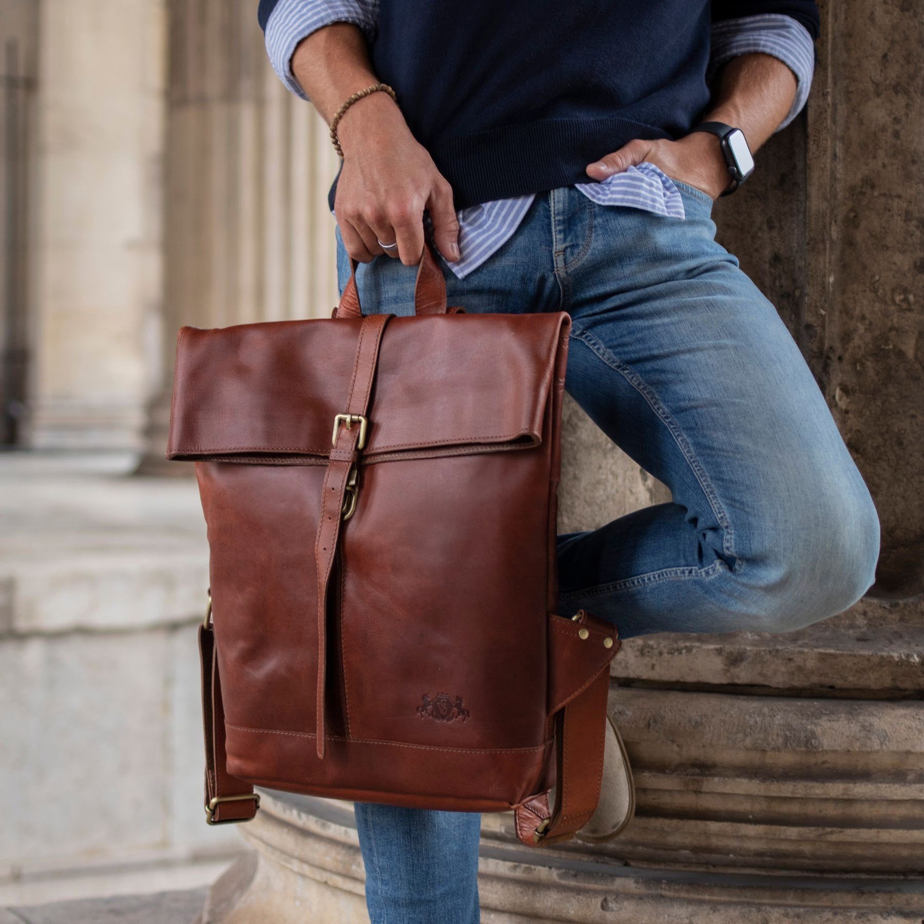 SID & VAIN Rucksack echt Leder Rucksack 15 Zoll Laptop Fach chestnut, Cityrucksack 15,4 Zoll echt Leder Unisex, Rucksack hellbraun