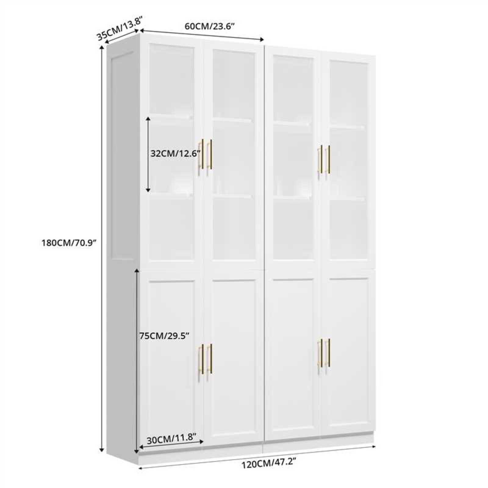 VOWNER Bücherregal mit Glastüren, 5-stöckig, 180 x 60 x 35 cm, Weiß, 2-tlg., mit verstellbaren Böden – viel Stauraum für Wohnzimmer & Büro