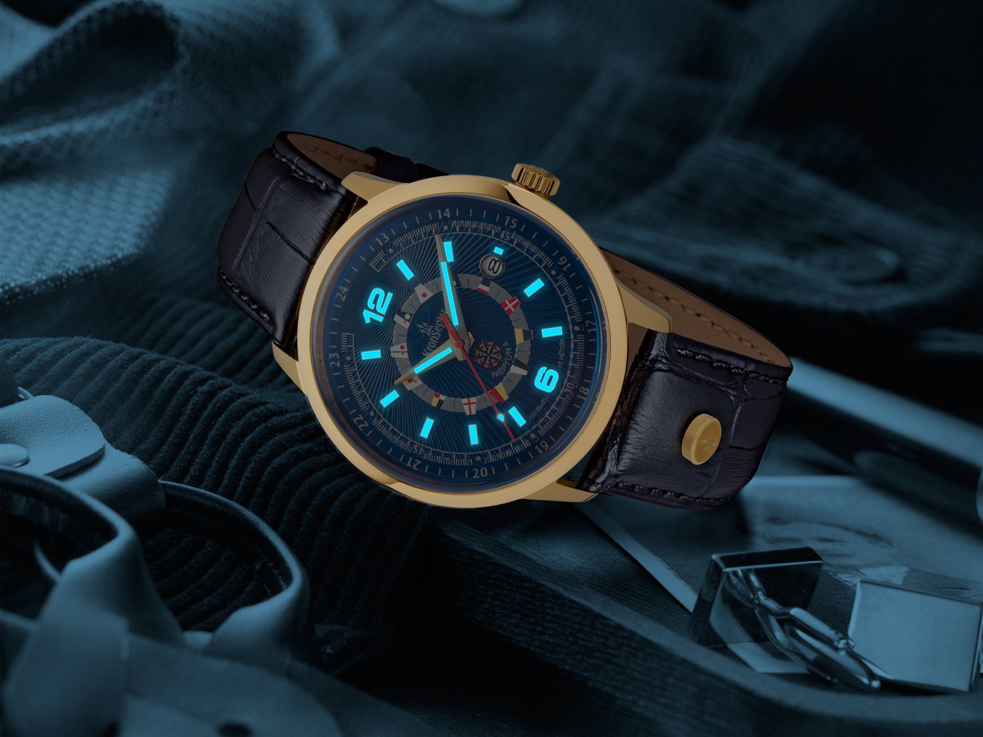 Flaggen Automatikuhr Kronsegler Superluminova Neptun und nautischen Armbanduhr 30-lagiger mit m. gold-blau/blau II Herren Lederband,