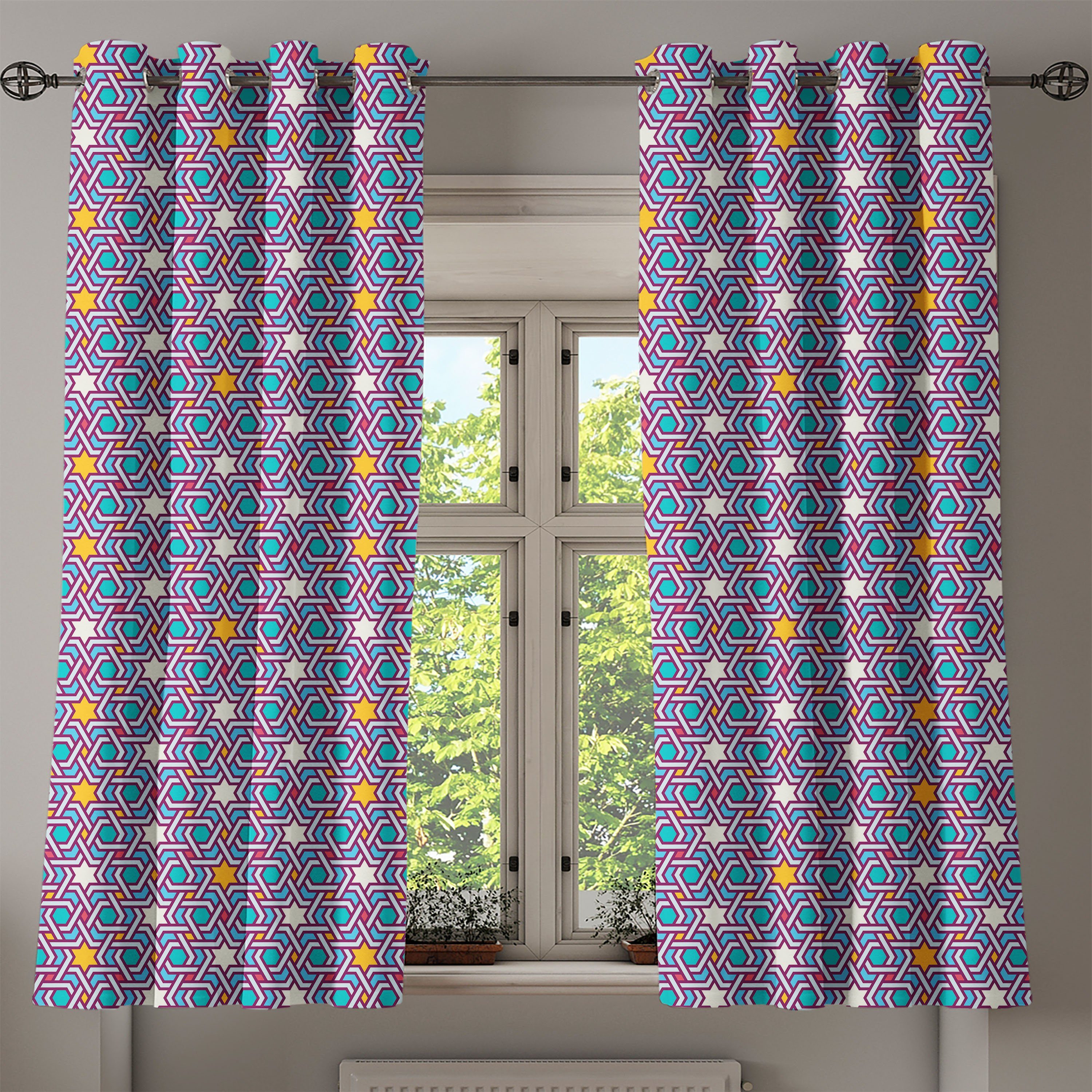 für Wohnzimmer, Bunt Gardine Schlafzimmer Linien Geometrische Dekorative Sterne Abakuhaus, 2-Panel-Fenstervorhänge