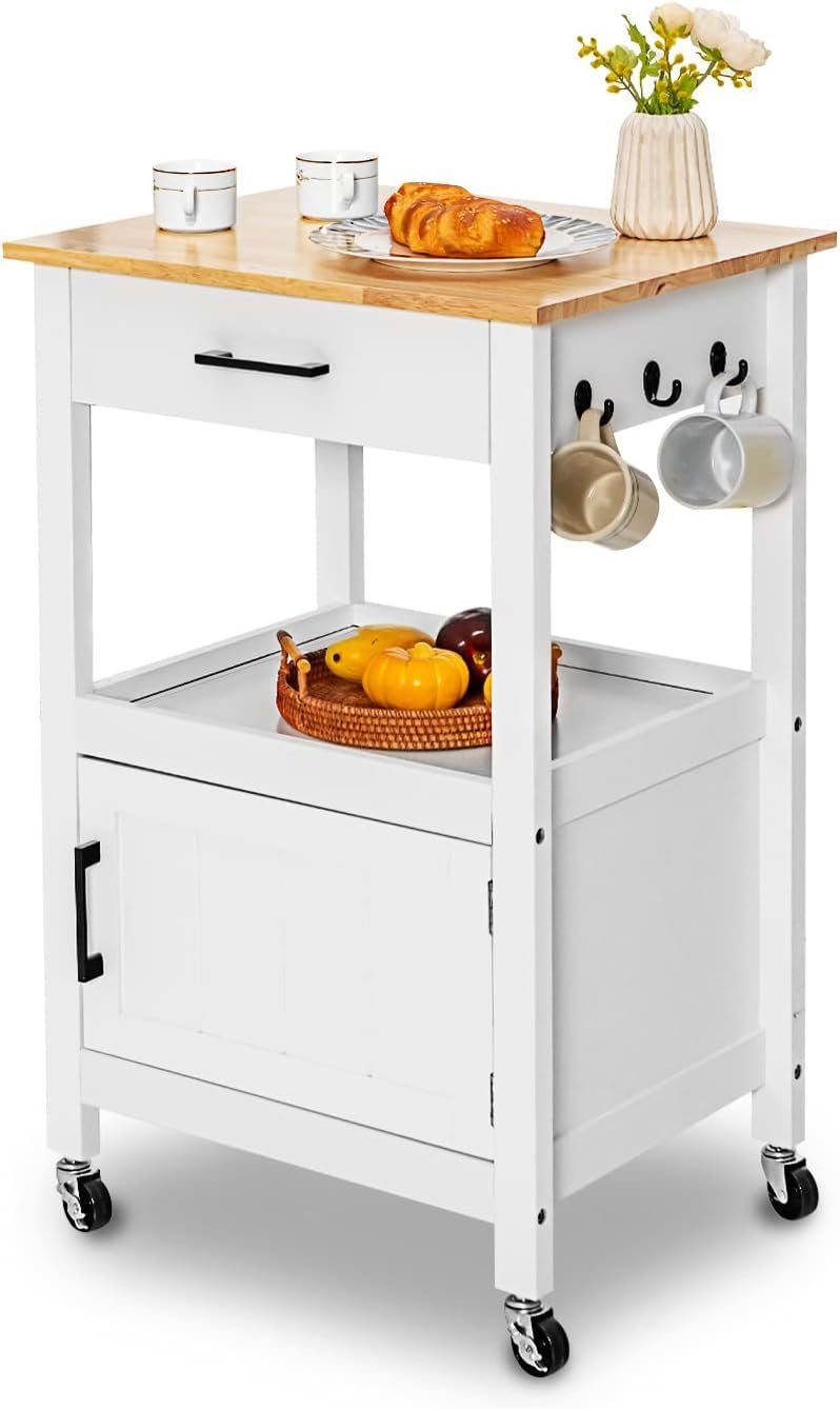 KOMFOTTEU Küchenwagen Kücheninsel, mit Schrank, Schublade und 2 offene Ablage