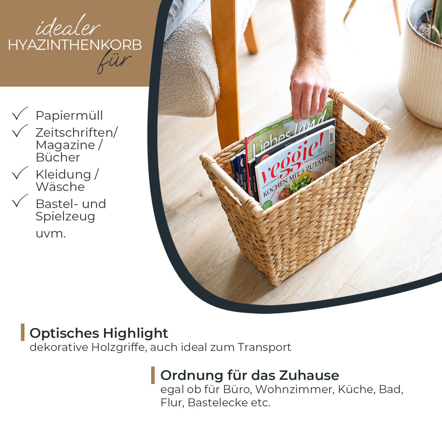 HMF Papierkorb Papierkorb Büro, Aufbewahrungskorb mit Holzgriffen geflochten, aus Wasserhyazinthe, Trapez, 36 x 19 x 33 cm