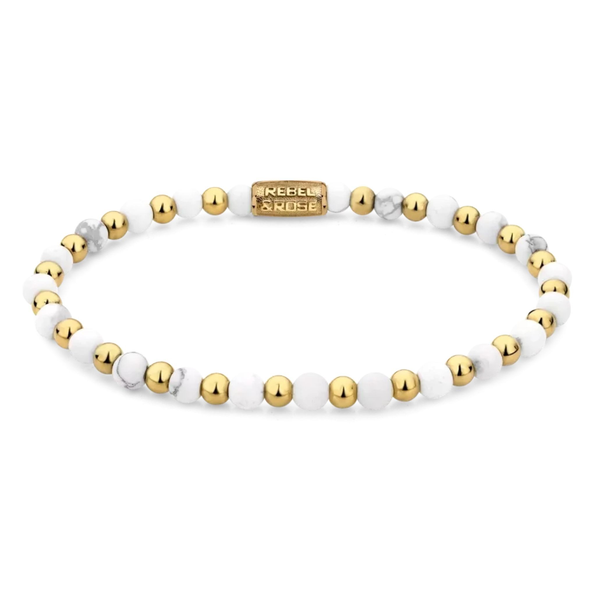 Rebel & Rose Armband Armband 4mm Howlith und goldfarbenen Steinen mit Edelstahlverschluss