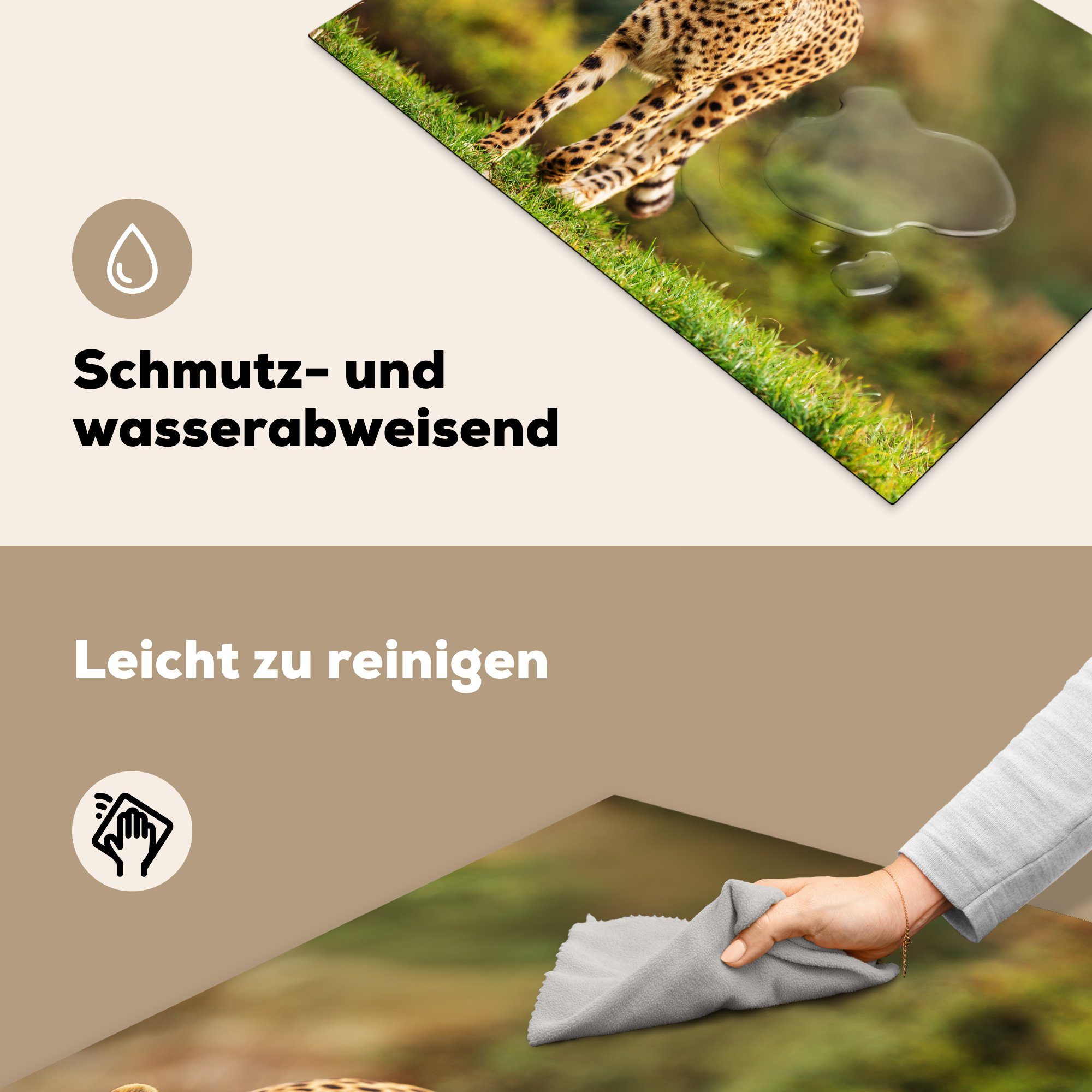 MuchoWow Herdblende-/Abdeckplatte Wildtiere - Gras Leopard Ceranfeldabdeckung, - 81x52 Vinyl, cm, für Arbeitsplatte küche - Natur, (1 tlg)