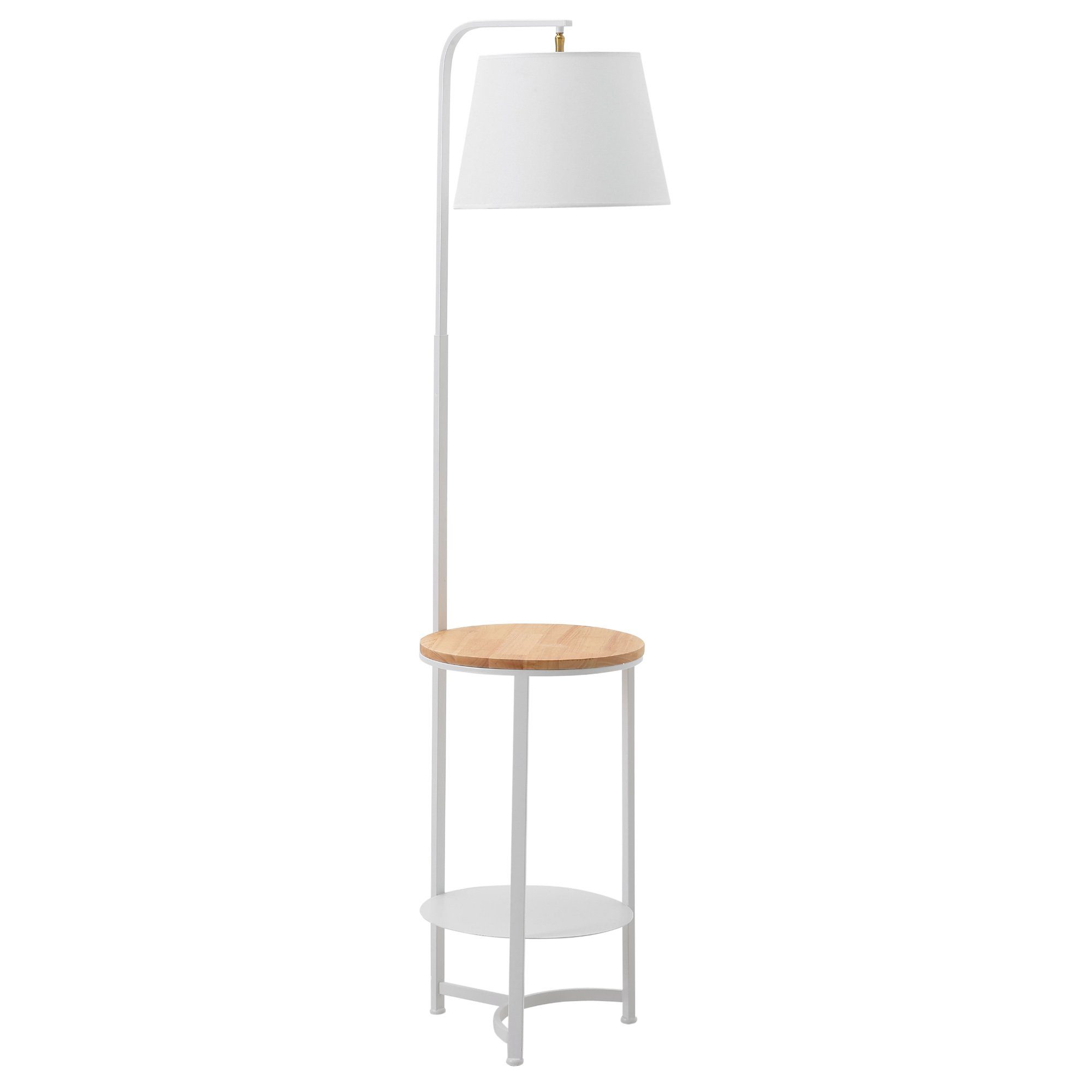 HOMCOM Stehlampe Stehleuchte Beistelltisch mit 2 Regalen, LED, Metall Holz Tterylen-Gewebe Weiß 38 x 36 x 162 cm