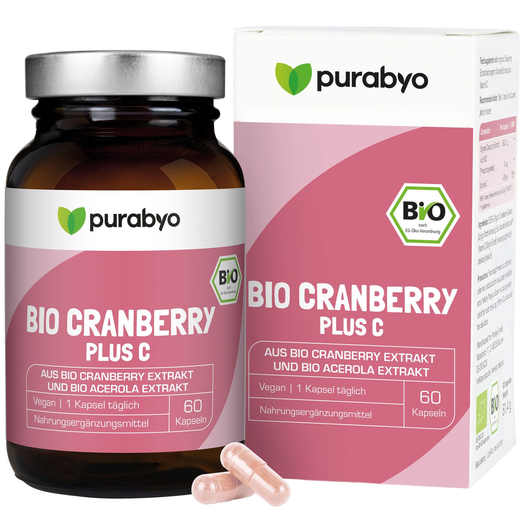 Purabyo Bio Cranberry plus C, 600 mg Bio Cranberry Extrakt, im Glas Kapsel, 1 er 61 g