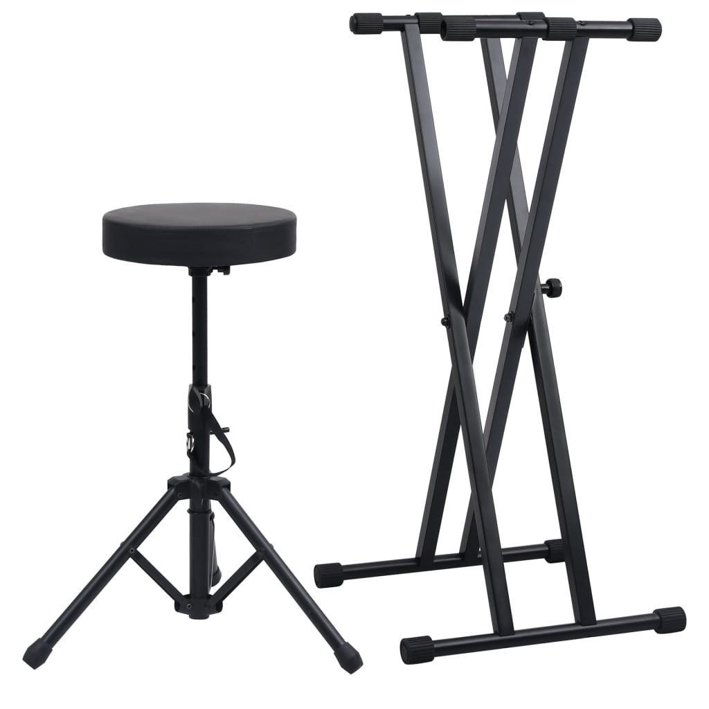 Schlagzeughocker Doppelstrebiger Keyboard-Ständer und Hocker Set Schwarz