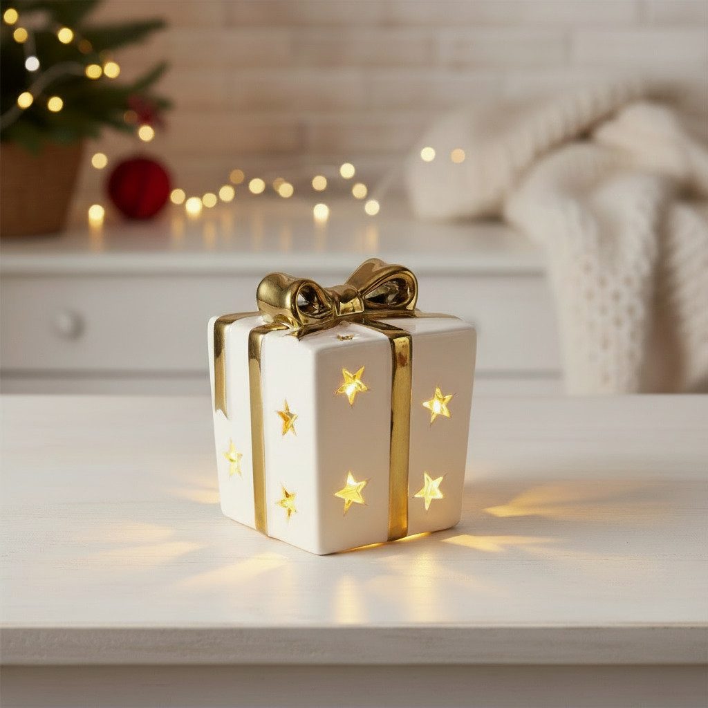 BOLTZE GRUPPE Weihnachtshaus LED Deko Geschenkbox Elina Keramik Weiß Gold Geschenkform