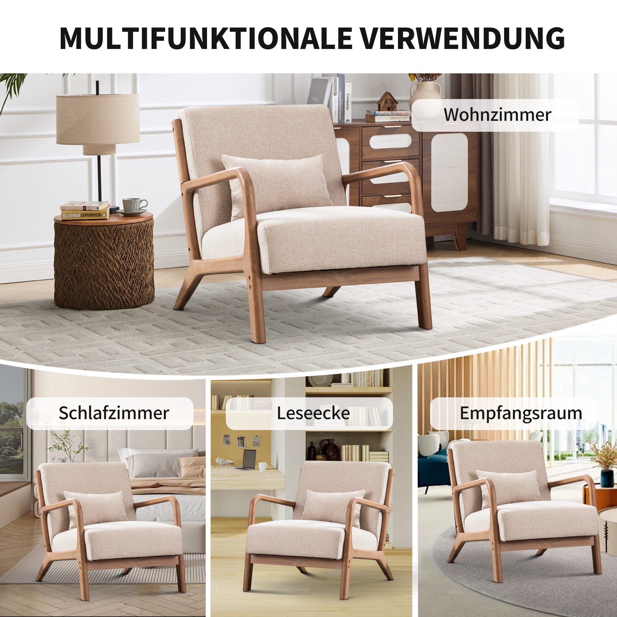 CANMOV Sessel Canmov Accent Sessel mit Kissen&Holzrahmen&Armlehnen, 150kg belastbar (2-St., bestehend aus Sessel und Hocker)