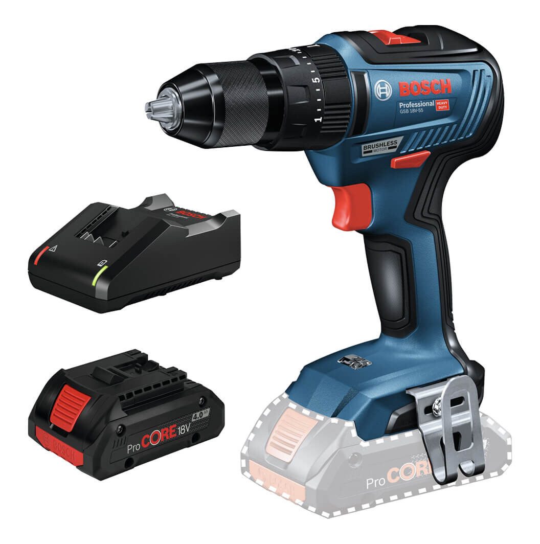 BOSCH Akku-Schlagbohrschrauber GSB 18V-55, 18 V, Mit 1x Akku ProCORE 4 Ah und Ladegerät - im Karton