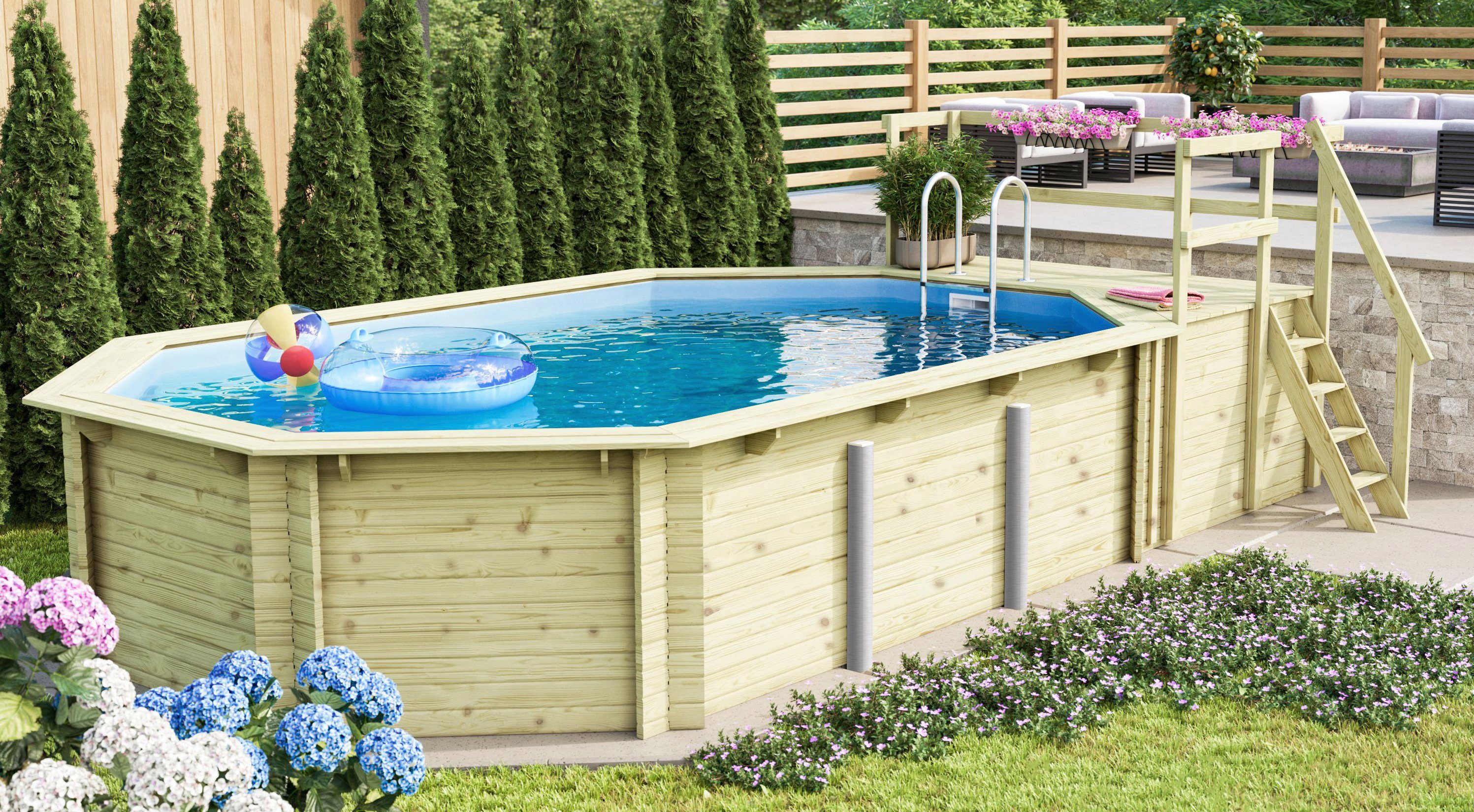 Karibu Achteckpool PALMA Set C BxLxH: 358x569x124 cm, mit Sonnendeck und Eck-Terrasse (Set, 8-tlg), 38 mm starkes kesseldruckimprägniertes Fichtenholz