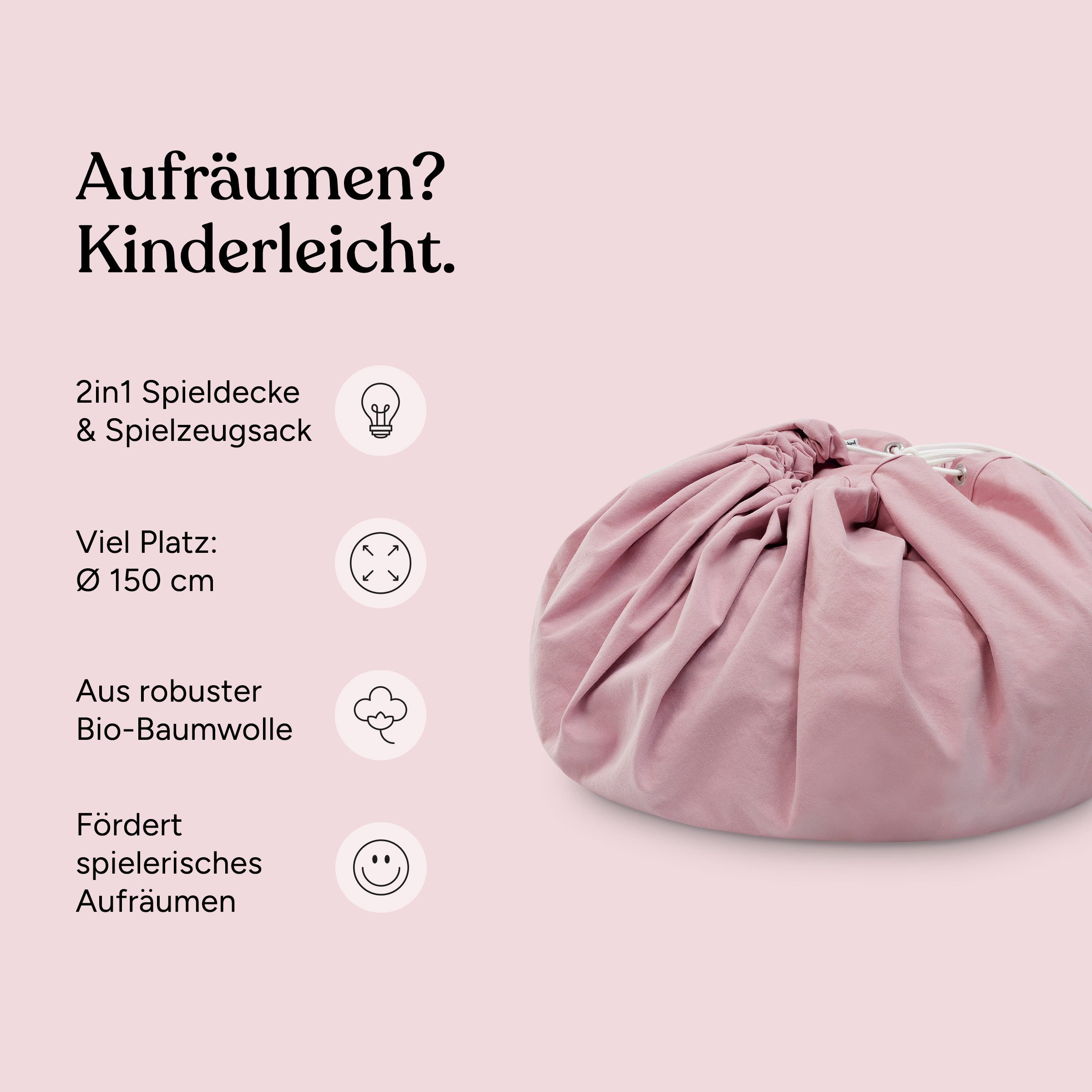 Ehrenkind Lernspielzeug 2in1 Spieldecke & Spielzeugsack Ø 150 cm aus Bio-Baumwolle (Spieldecke & Aufbewahrung, Hellgrau), Kinderzimmer Ordnung & Spielspaß