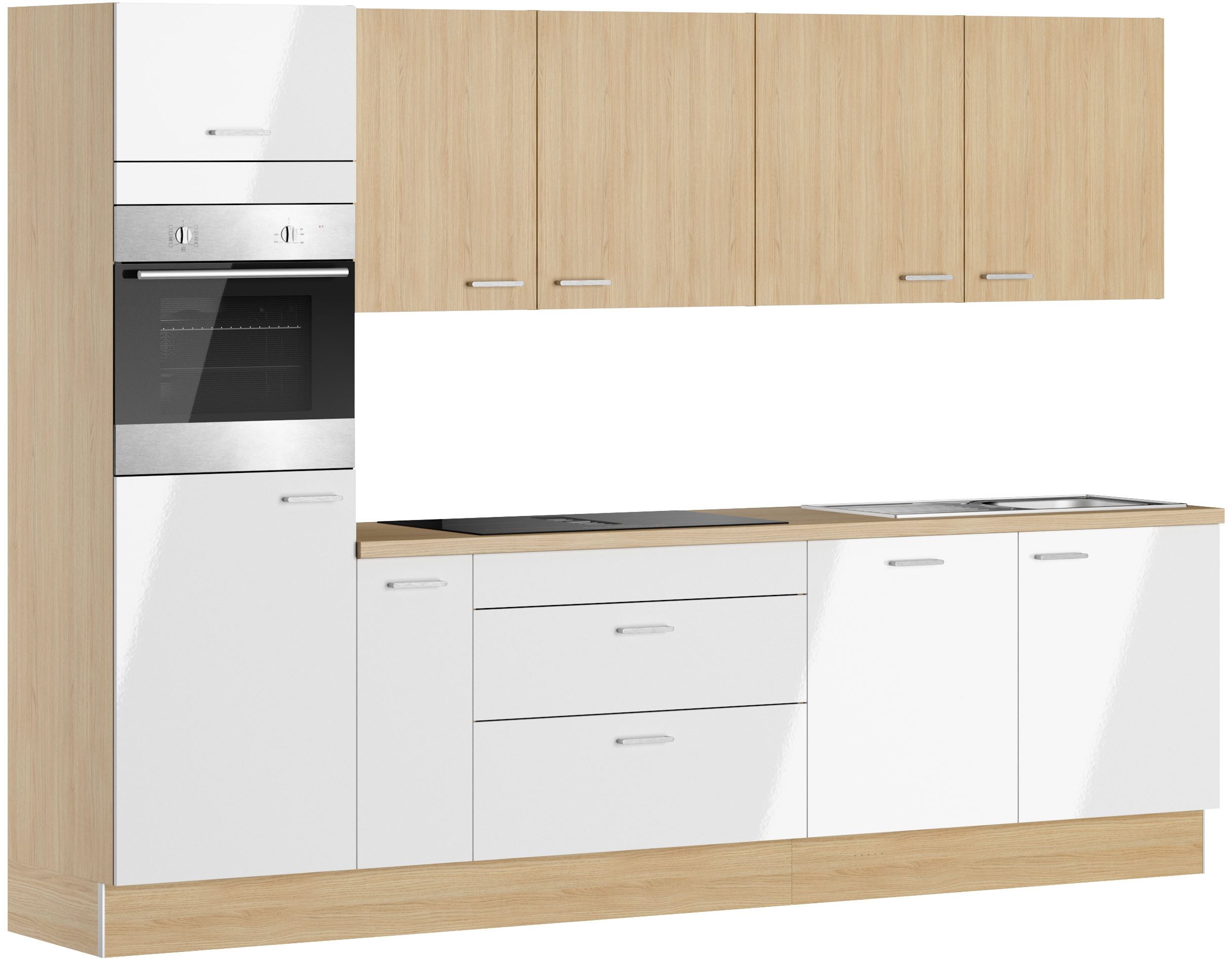KOCHSTATION Küchenzeile KS-Lucy wahlweise mit Induktionskochfeld mit integriertem Dunstabzug, Breite 300 cm, Soft-Close, inkl. Zubehör, wahlweise mit E-Geräten