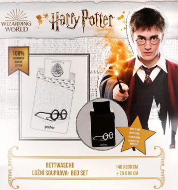 Kinderbettwäsche Harry Potter Cotton Hogwarts, weiß-schwarz, Baumwolle, 140x200cm, Sarcia.eu