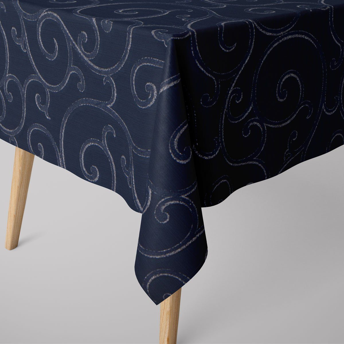Tischdecke silber, LEBEN. Schnörkel dunkelblau SCHÖNER Tischdecke Ornamente Lurex handmade SCHÖNER LEBEN.