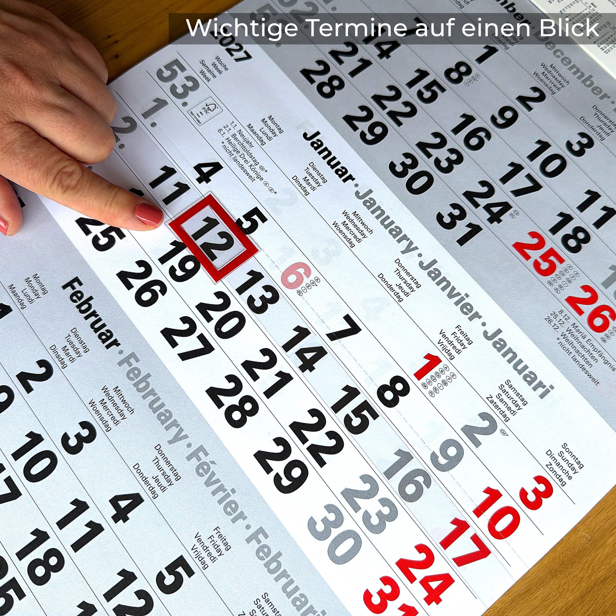 Kamber Office Wandkalender 3 Monatskalender 2027 mit Schieber Büro Kalender "Light Grey", Großer Kalender 2027, Dreimonatskalender 2027 groß mit Datumsschieber  – Bild 4 von 5