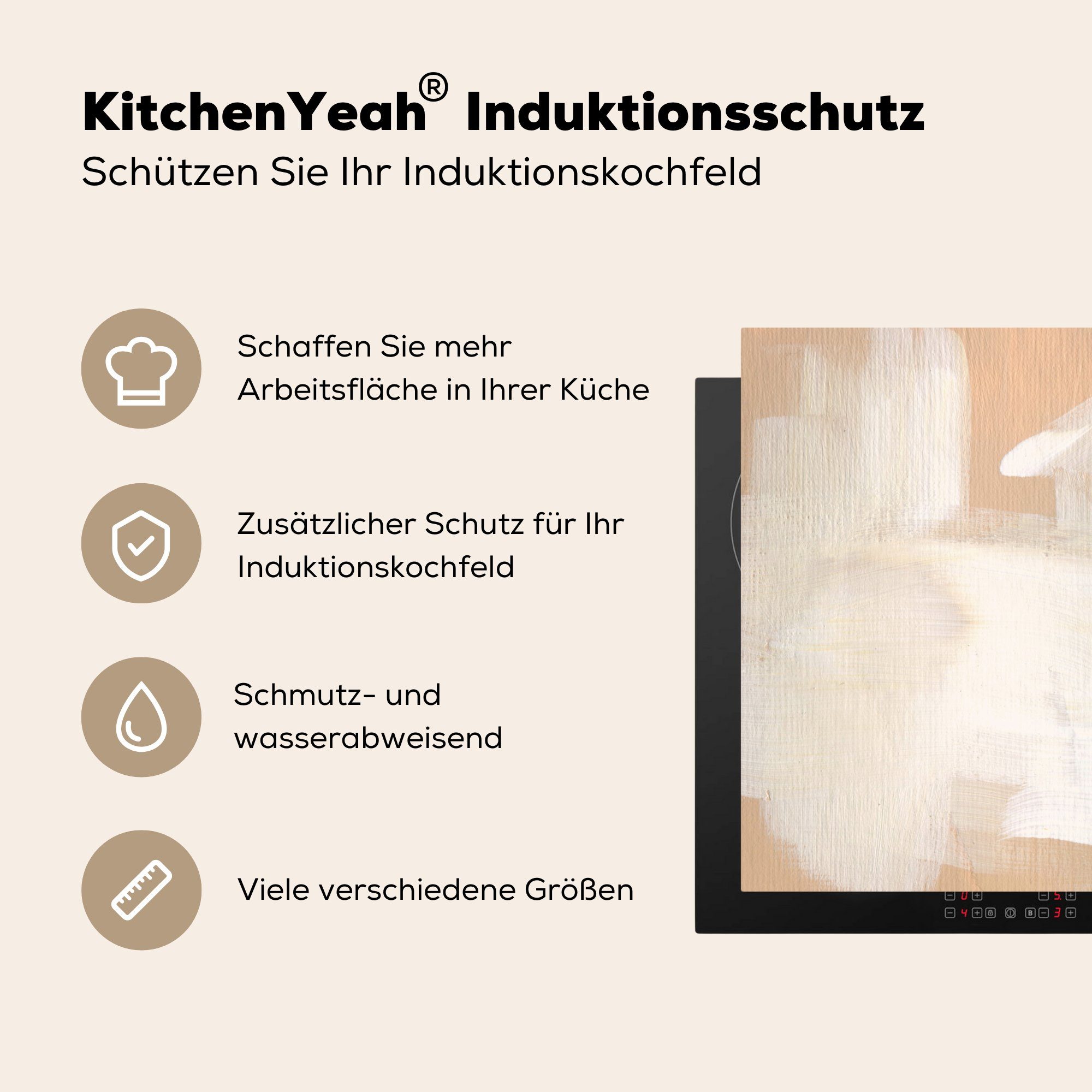 Herdblende-/Abdeckplatte Modern, die cm, 59x52 Kunst küche, - - Induktionsmatte Weiß für Ceranfeldabdeckung - (1 Vinyl, MuchoWow tlg), Beige