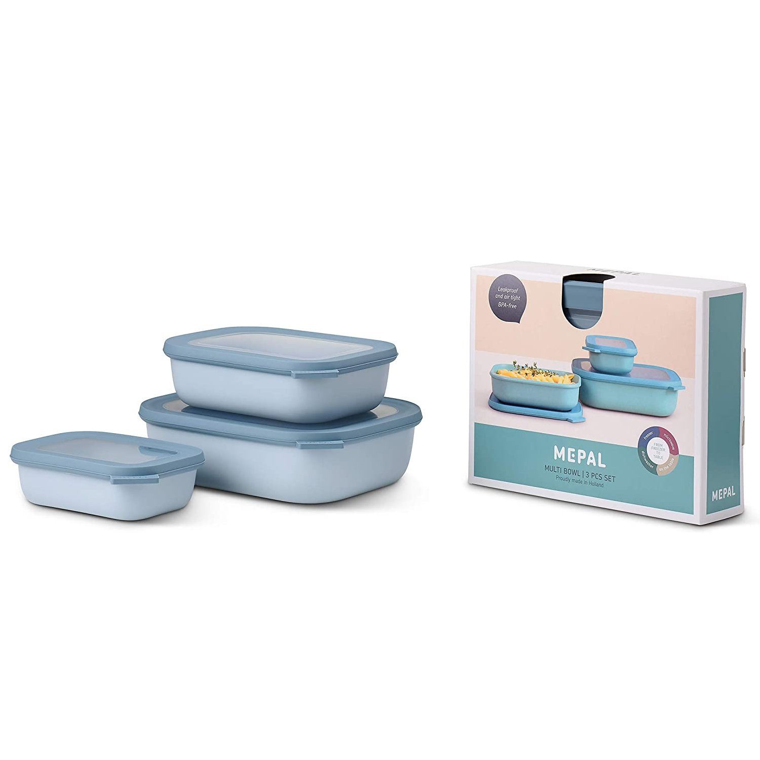 Mepal Frischhaltedose Set Multischüssel Cirqula eckig flach Nordic Blue 3-teilig, Kunststoff