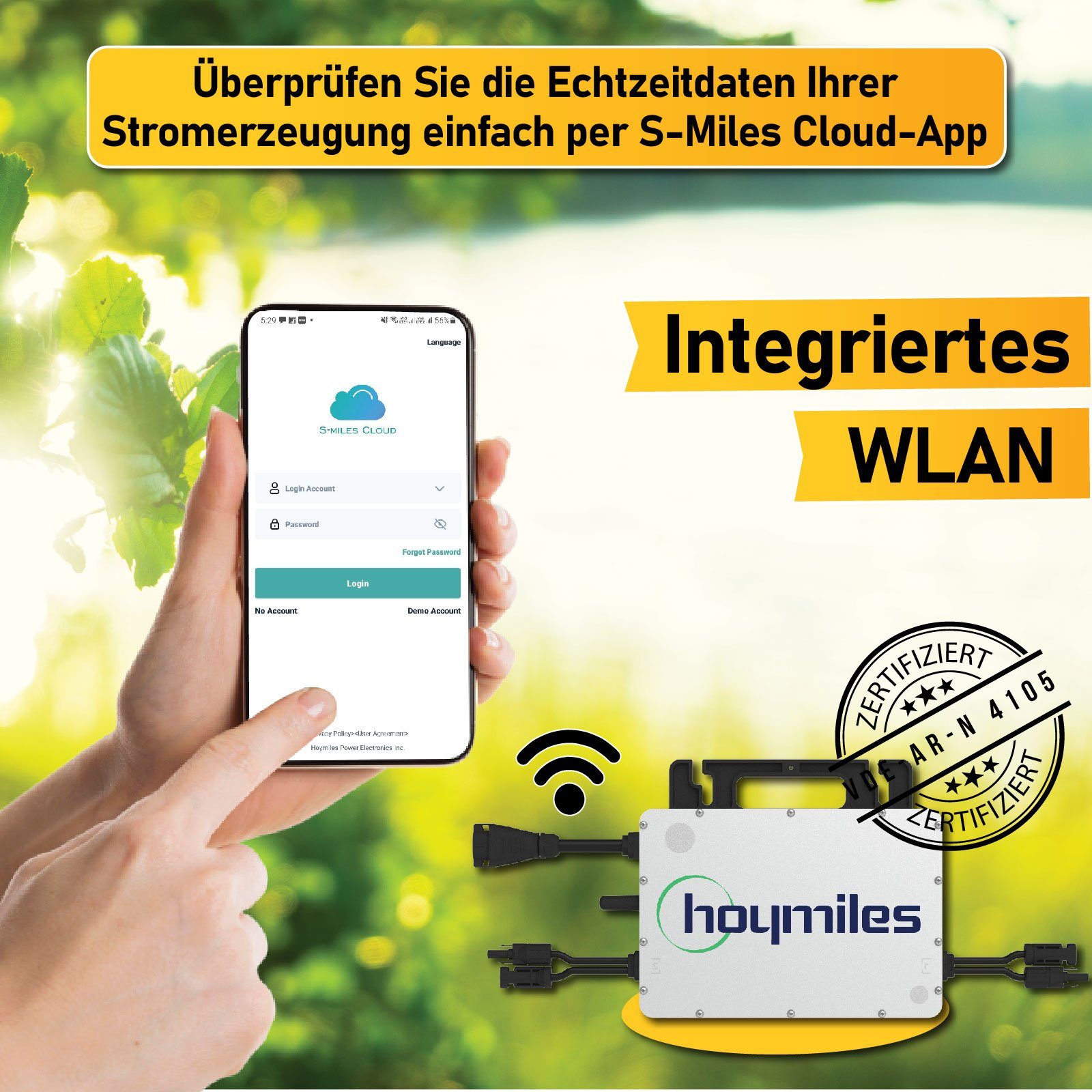 1000W Plug der Stockschrauben, Antireflexbeschichtung, Balkon-Solaranlage (Die Hoymiles Haus, upgradefähiger Solaranlage Play Wasserdichtigkeitsklasse, Mit Monokristallin, Ihr Mikrowechselrichter, steckerfertig 2 Campergold HMS-800W-2T Balkonkraftwerk, Verbindung & Module) für Photovoltaik PV-Montage WLAN Freigabe für