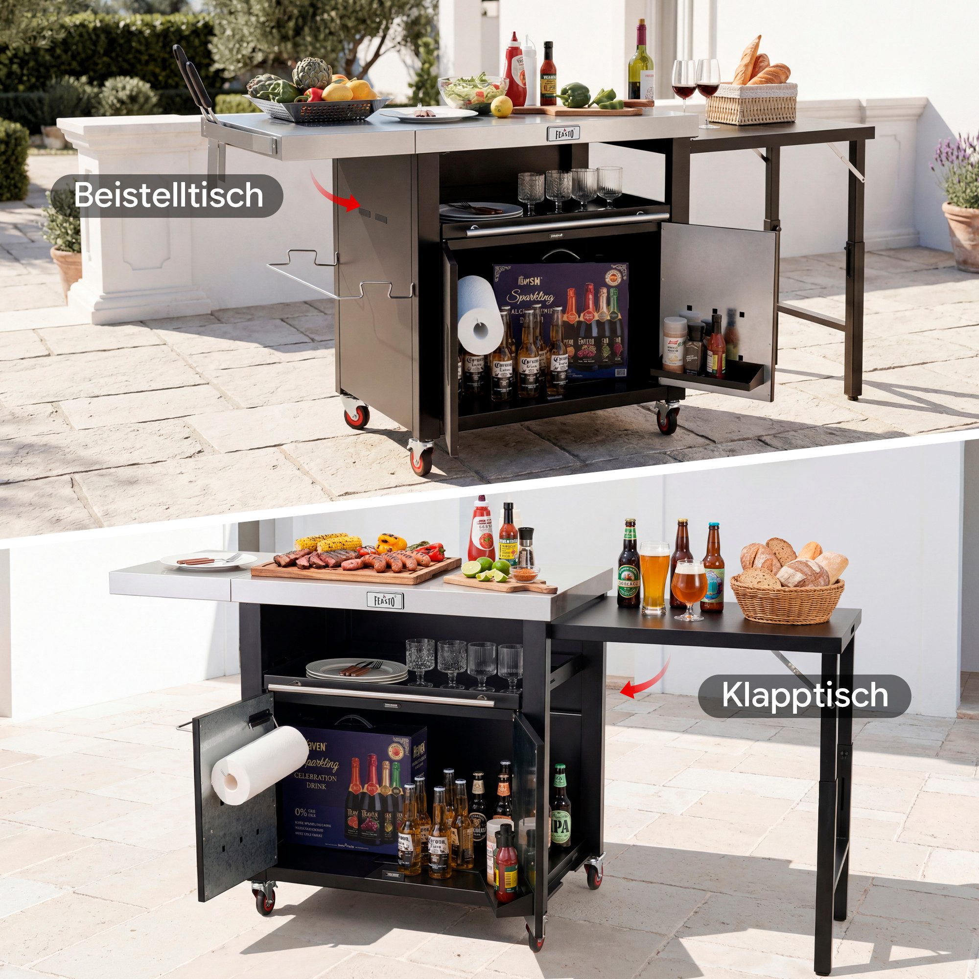 Feasto Servierwagen Multifunktionaler Grillwagen mit Schrank & ausklappbarem Beistelltisch, Grilltisch aus Edelstahl, Maße 188 x 66 x 92 cm für Garten & Küche – Bild 5 von 5