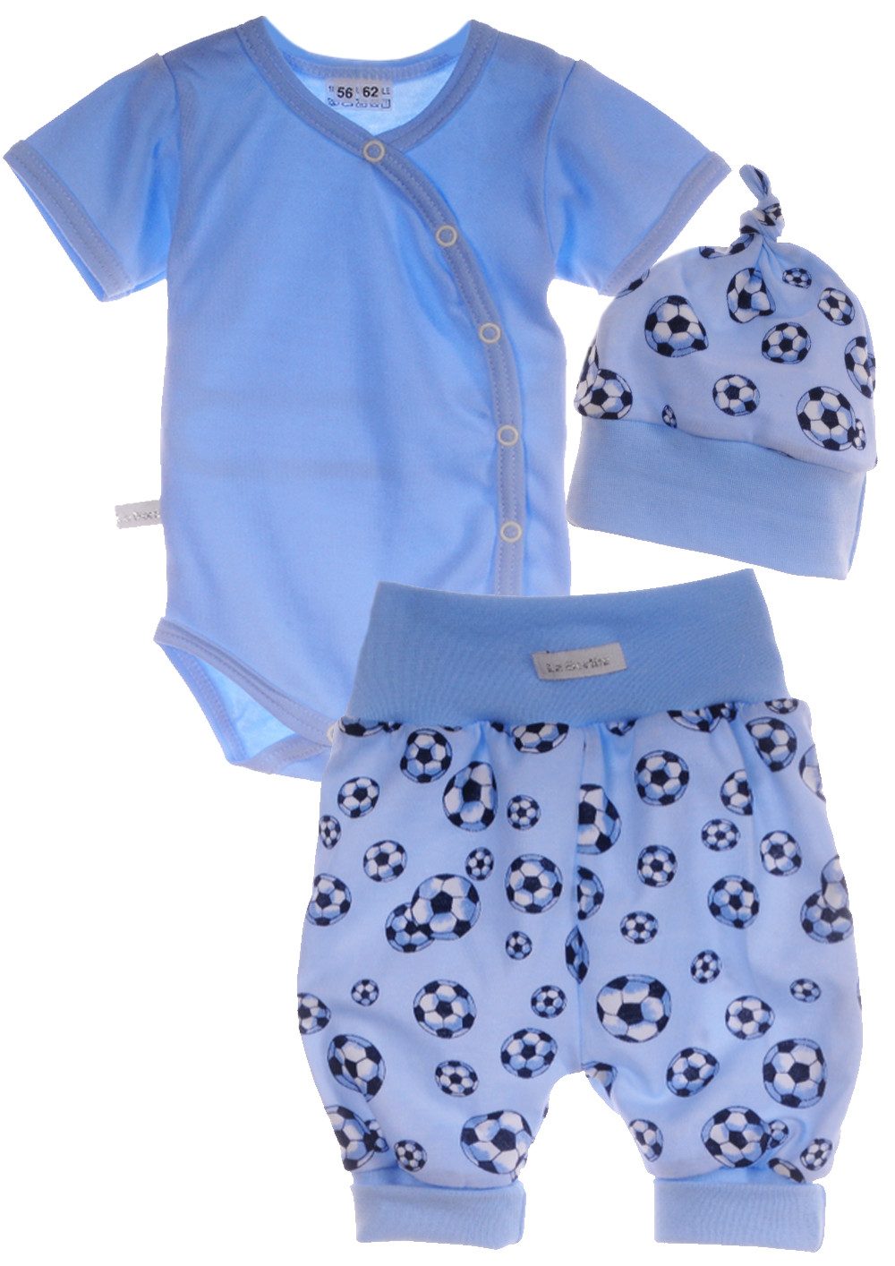 Body & Shorts Baby Anzug Wickelbody Mütze kurze Hose Blau mit Bälle
