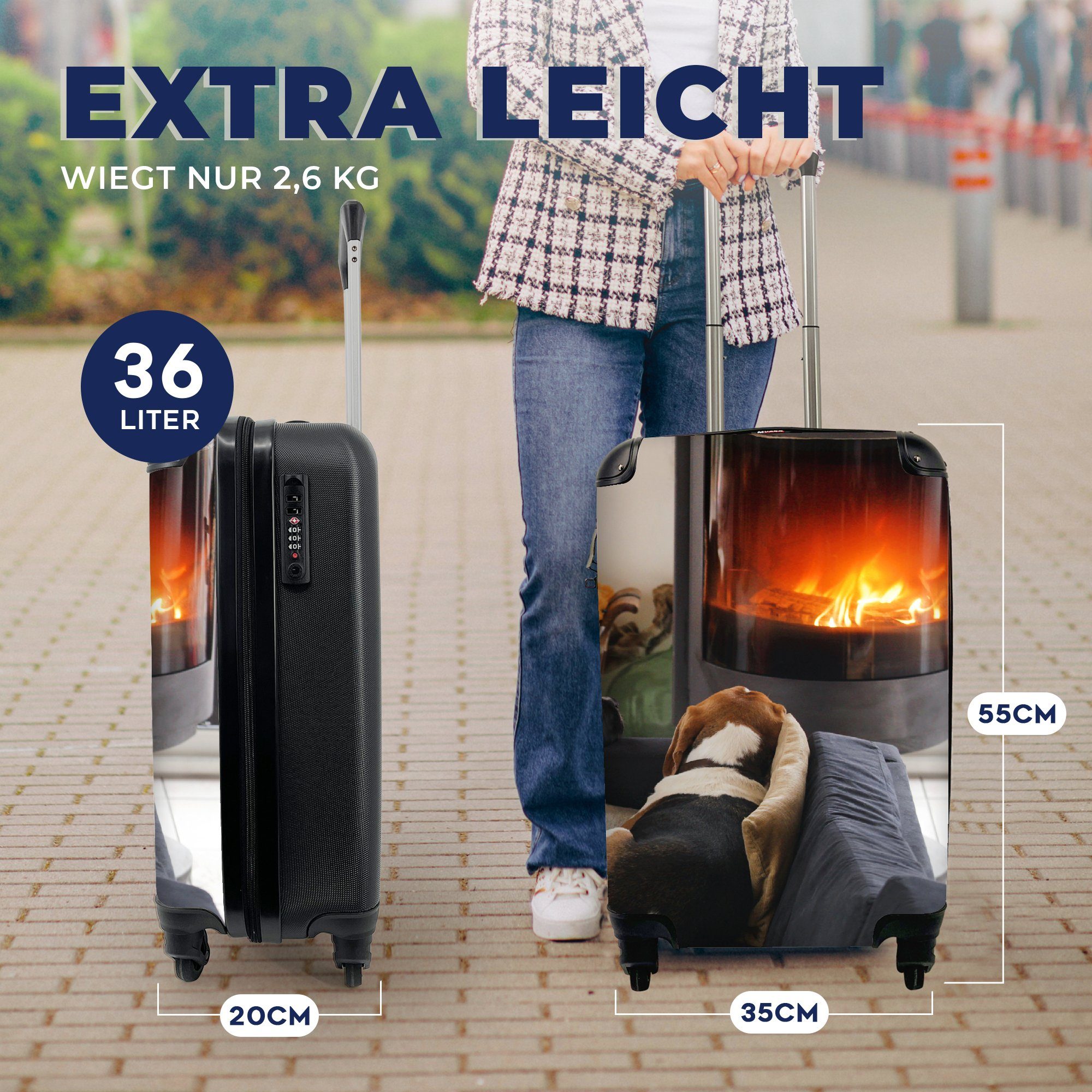 4 Handgepäck Rollen, Ferien, für auf Handgepäckkoffer einen Reisekoffer Trolley, MuchoWow Reisetasche Kamin, rollen, schauen mit Hunde