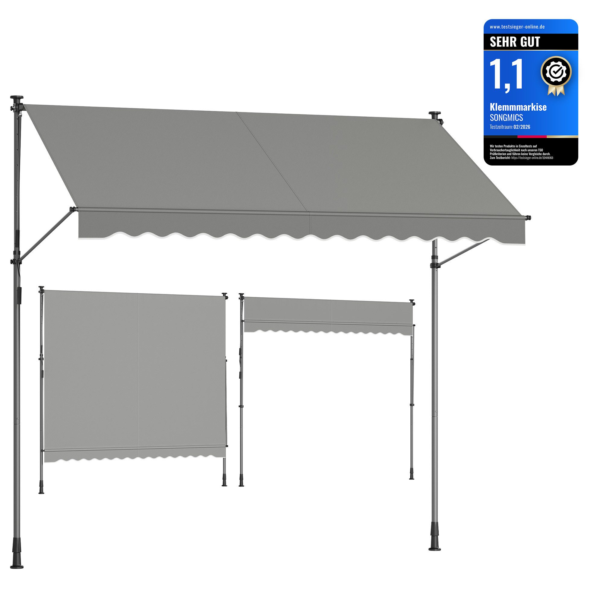 SONGMICS Klemmmarkise Balkonmarkise höhenverstellbar UV-beständig wasserabweisend (ohne Bohren mit Handkurbel inkl. Zubehörpaket & Anleitung) Sonnenschutz, 300 x 120 x 220–300 cm (L x B x H)