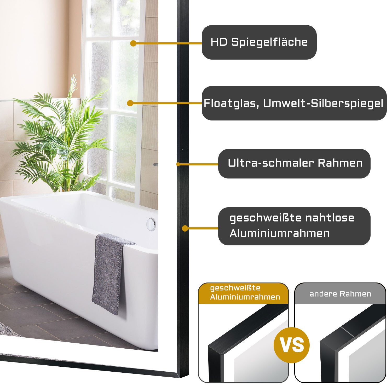 duschspa Badspiegel LED Spiegel mit Rahmen Schwarz Wandspiegel mit Beleuchtung 50-120cm, Kalt/Warm/Neutralweiß, dimmbar, Touch/Wandschalter, Memory